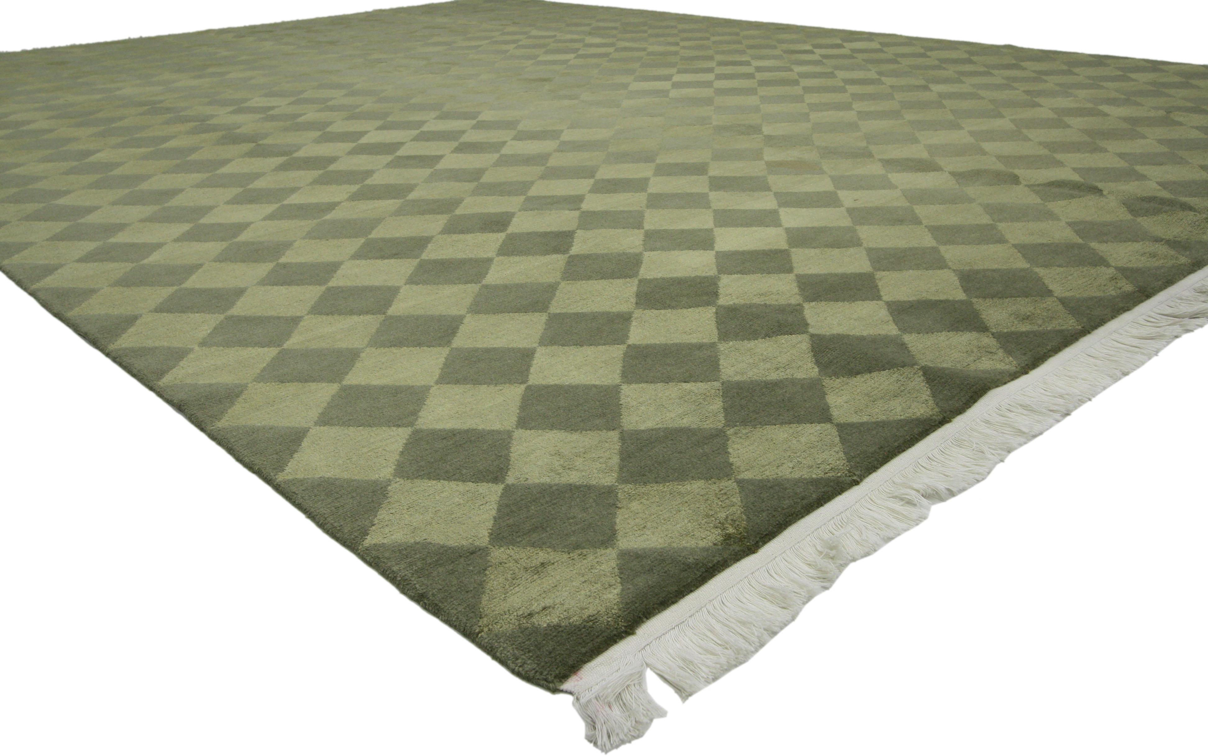 76665 Vintage Tibetan Area Rug with Diamond Checkerboard Pattern, Harlequin Design Rug 08'10 x 11'10. This hand-knotted wool and silk vintage Tibetan area rug features a diamond checkerboard pattern. The dense, lush pile of lustrous wool creates a