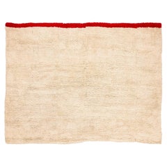 Vintage Tibetan Cream White Wool Blanket or Rug with Red End Panel 7'2'' x 5'7''