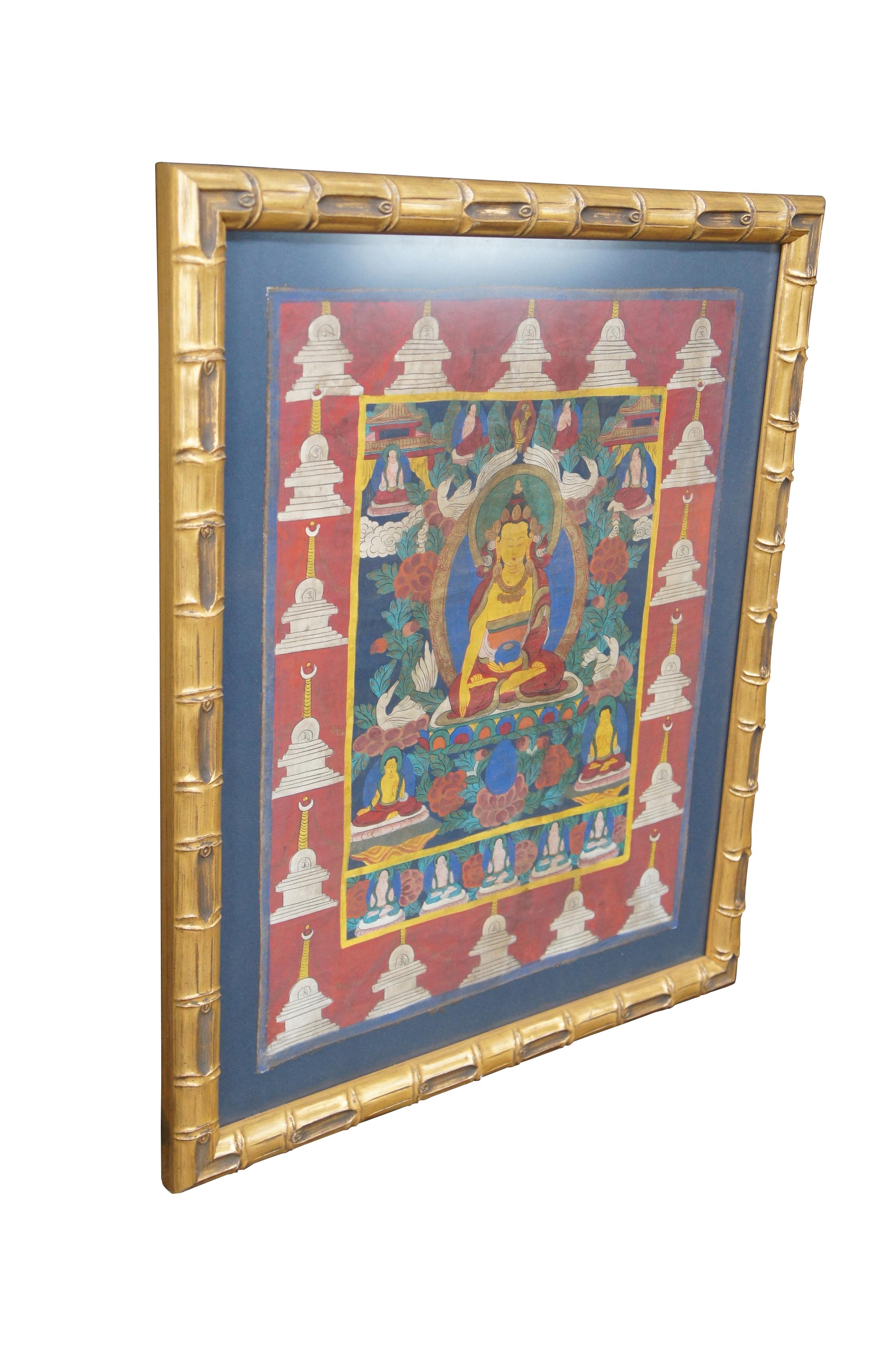 Vintage Tibetan Buddha Thangka Painting Swans Flowers Figures Faux Bamboo Frame In Good Condition For Sale In Dayton, OH