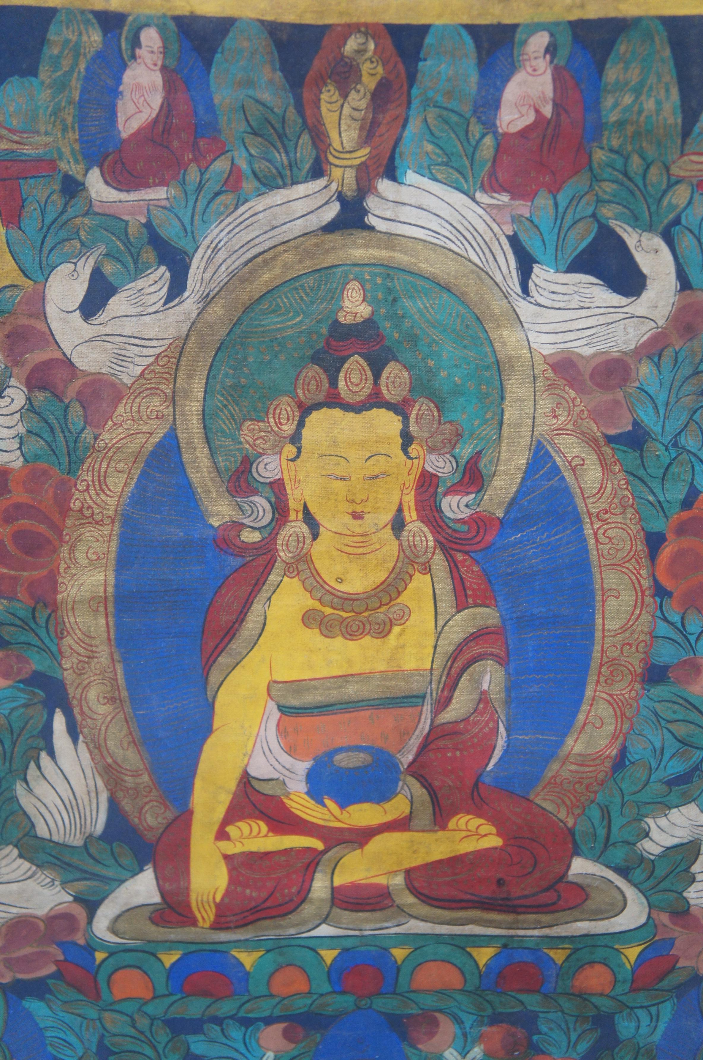 Tibetischer Buddha- Thangka-Gemälde, Vintage, Schwanen-Blumen-Figuren, Rahmen aus Kunstbambus (20. Jahrhundert) im Angebot