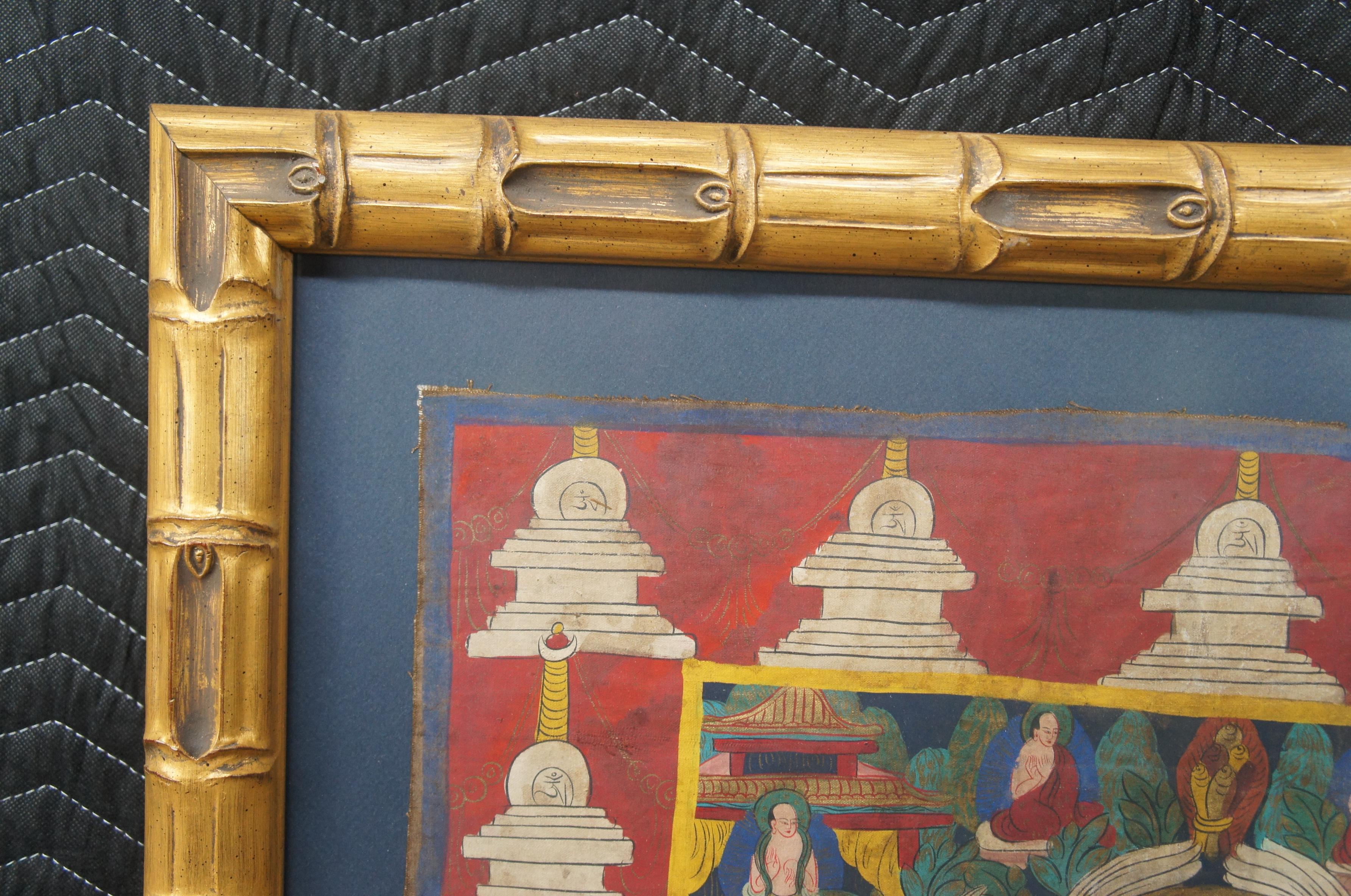 Tibetischer Buddha- Thangka-Gemälde, Vintage, Schwanen-Blumen-Figuren, Rahmen aus Kunstbambus im Angebot 1