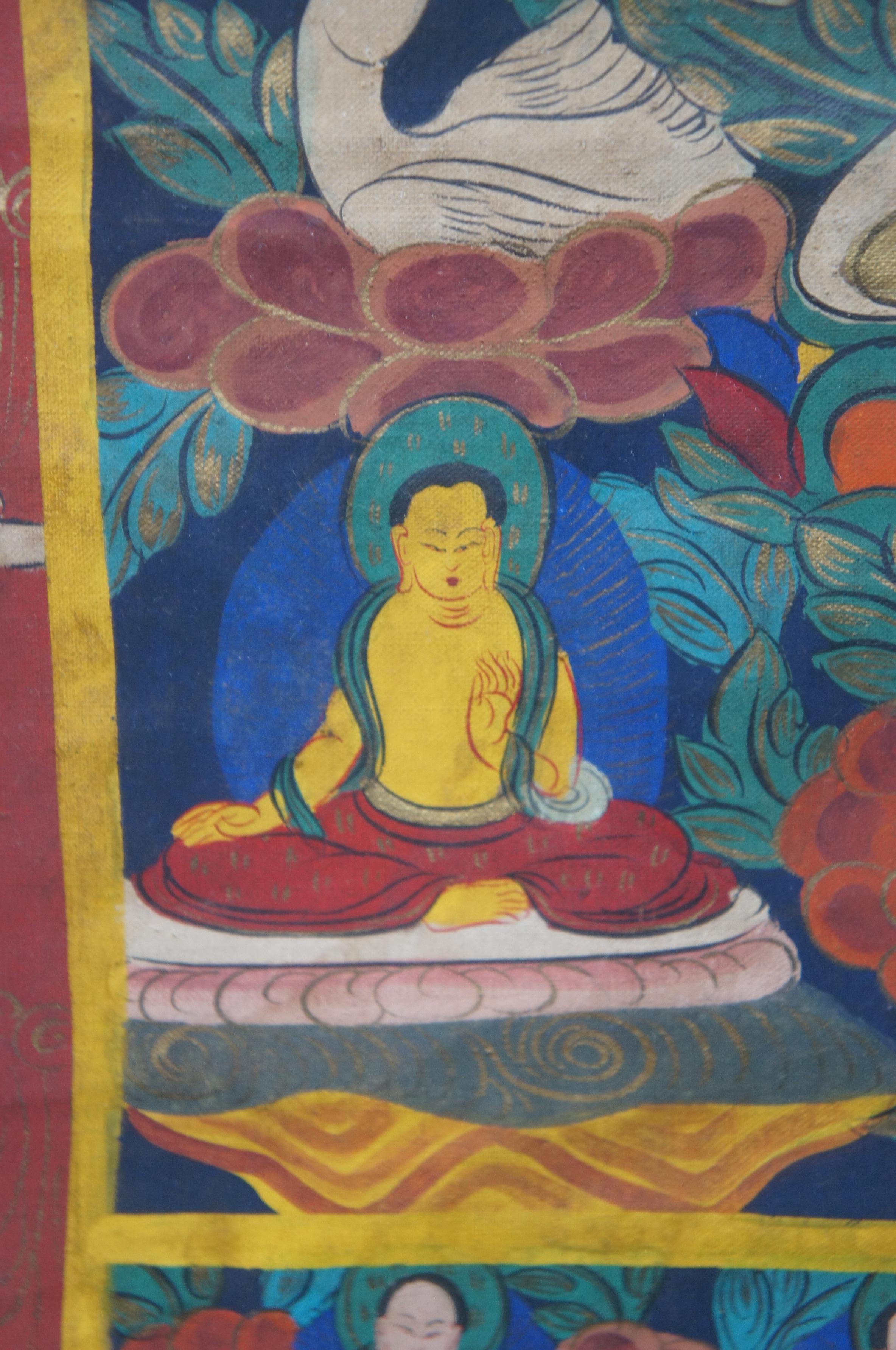 Tibetischer Buddha- Thangka-Gemälde, Vintage, Schwanen-Blumen-Figuren, Rahmen aus Kunstbambus im Angebot 3