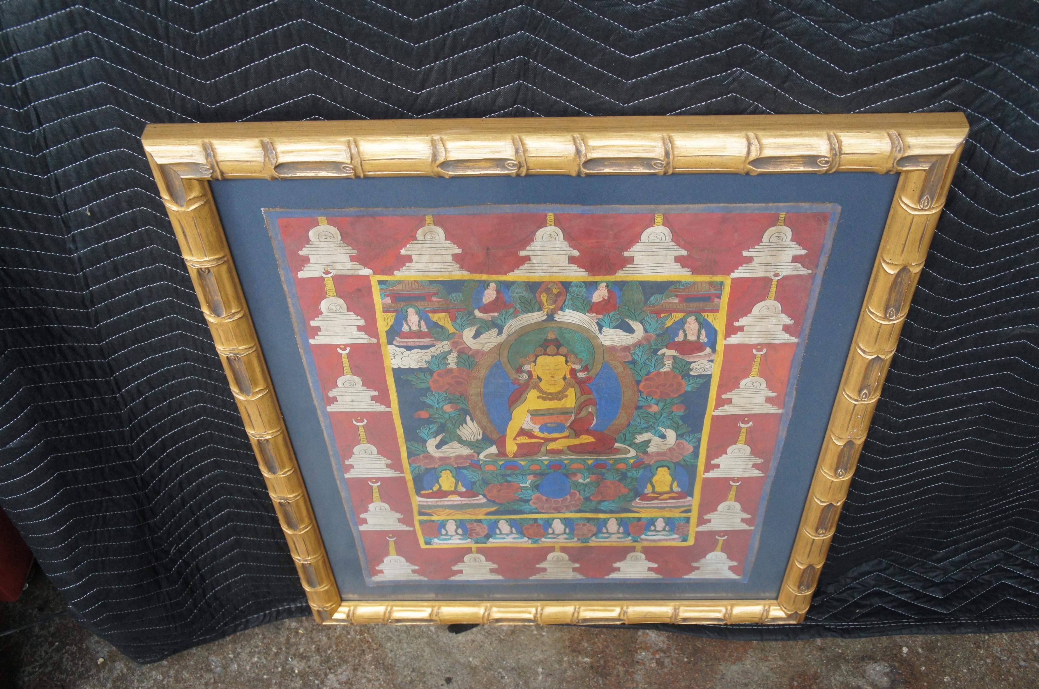 Vintage Tibetan Buddha Thangka Painting Swans Flowers Figures Faux Bamboo Frame For Sale 5
