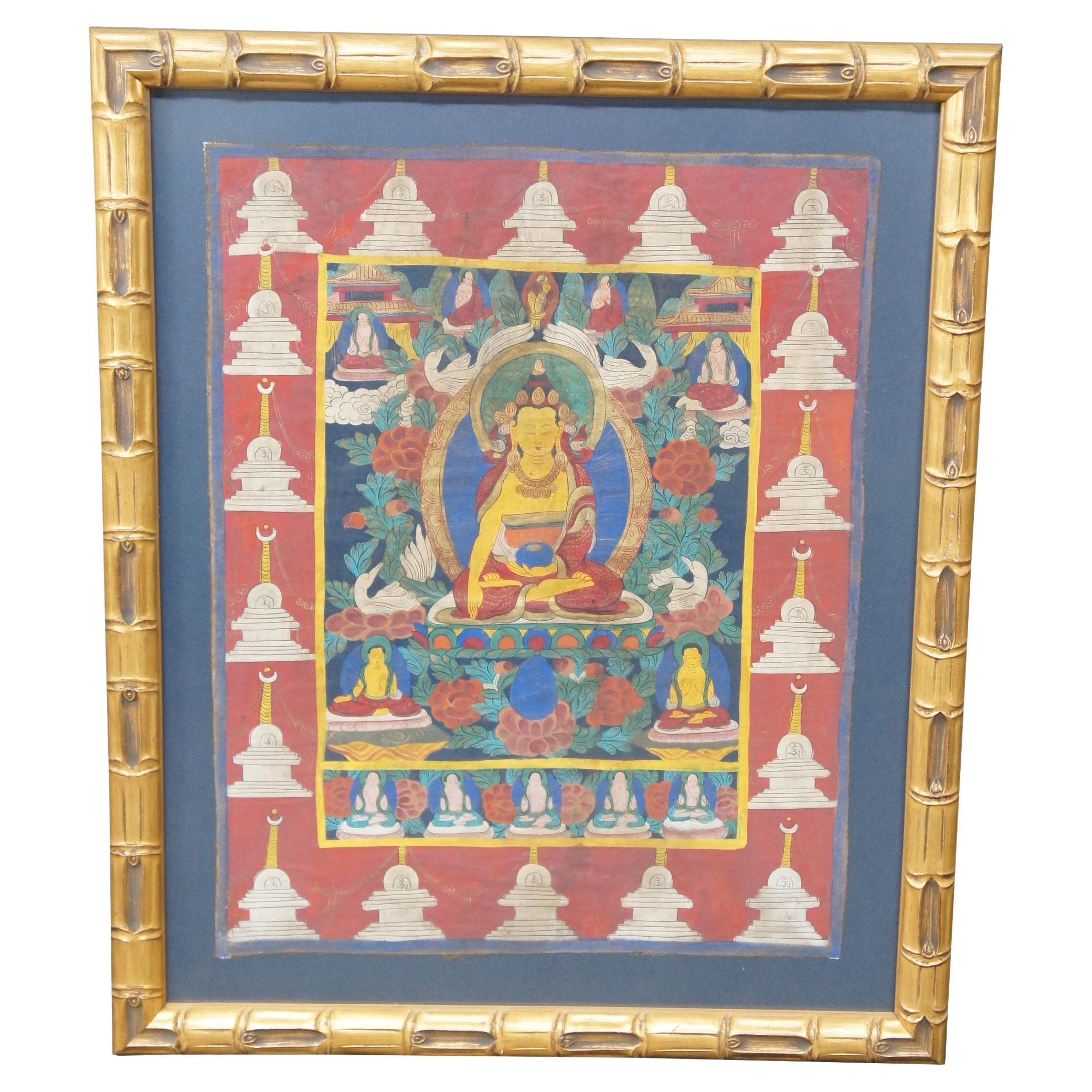 Vintage Tibetan Buddha Thangka Painting Swans Flowers Figures Faux Bamboo Frame For Sale