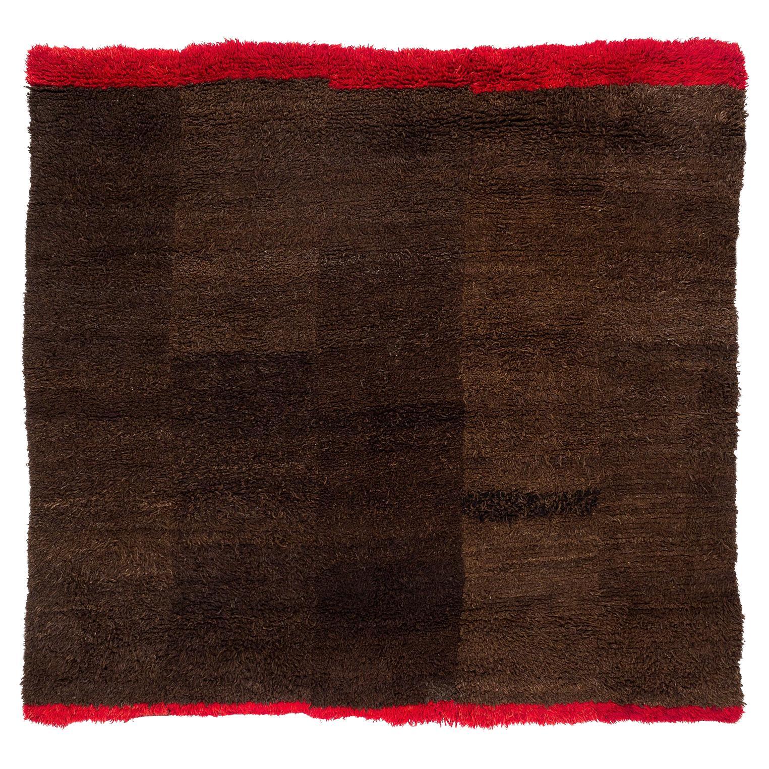 Vintage Tibetan Cocoa Brown Wool Blanket Rug with Red End Panels 5'8" x 5'6"