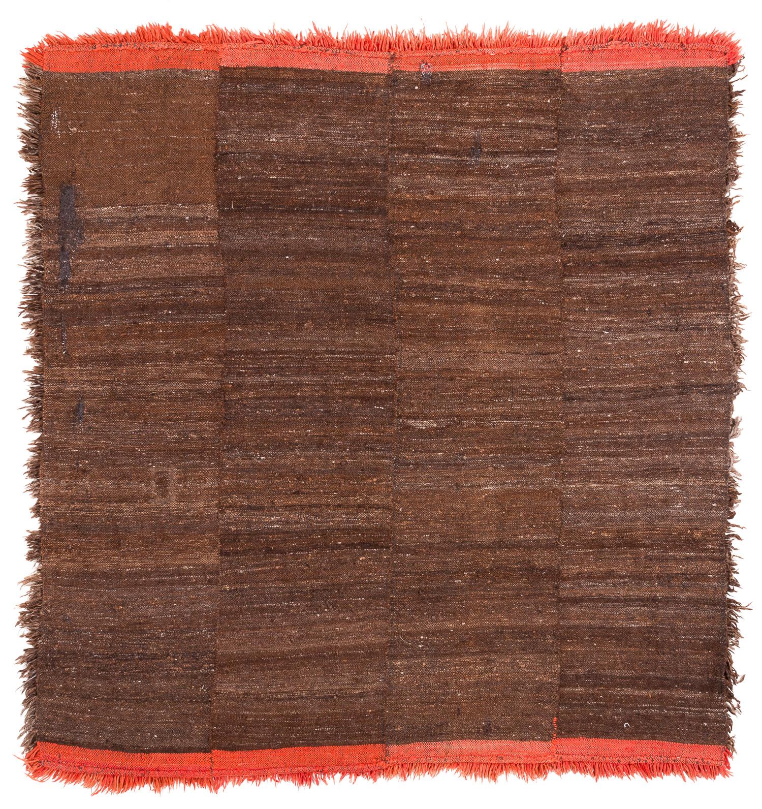 Tappeto tibetano vintage in lana marrone cacao con pannelli finali rossi 6'1