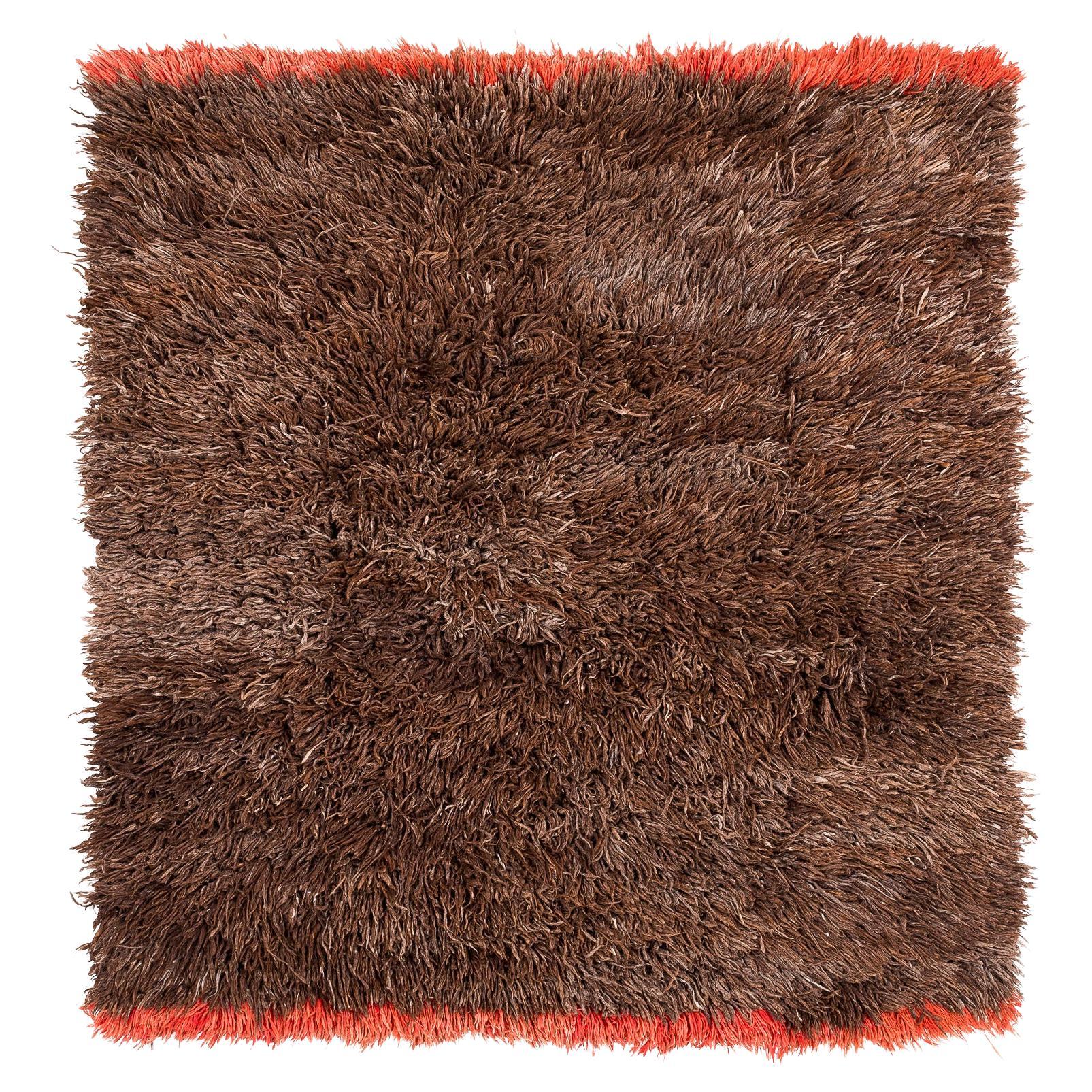 Vintage Tibetan Cocoa Brown Wool Blanket Rug with Red End Panels 6'1" x 5'2"