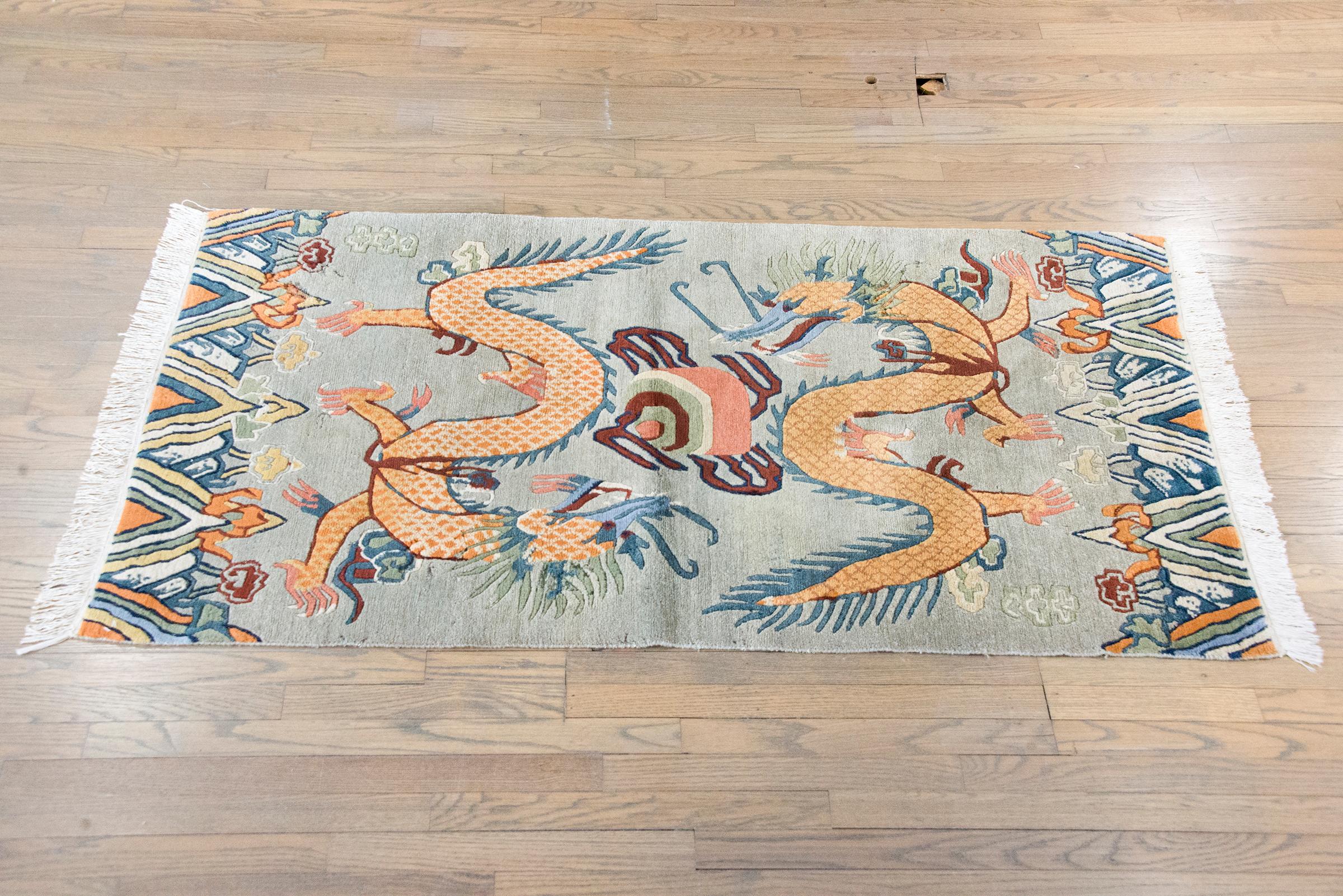 Vintage Tibetan Double-Dragon Rug For Sale 9