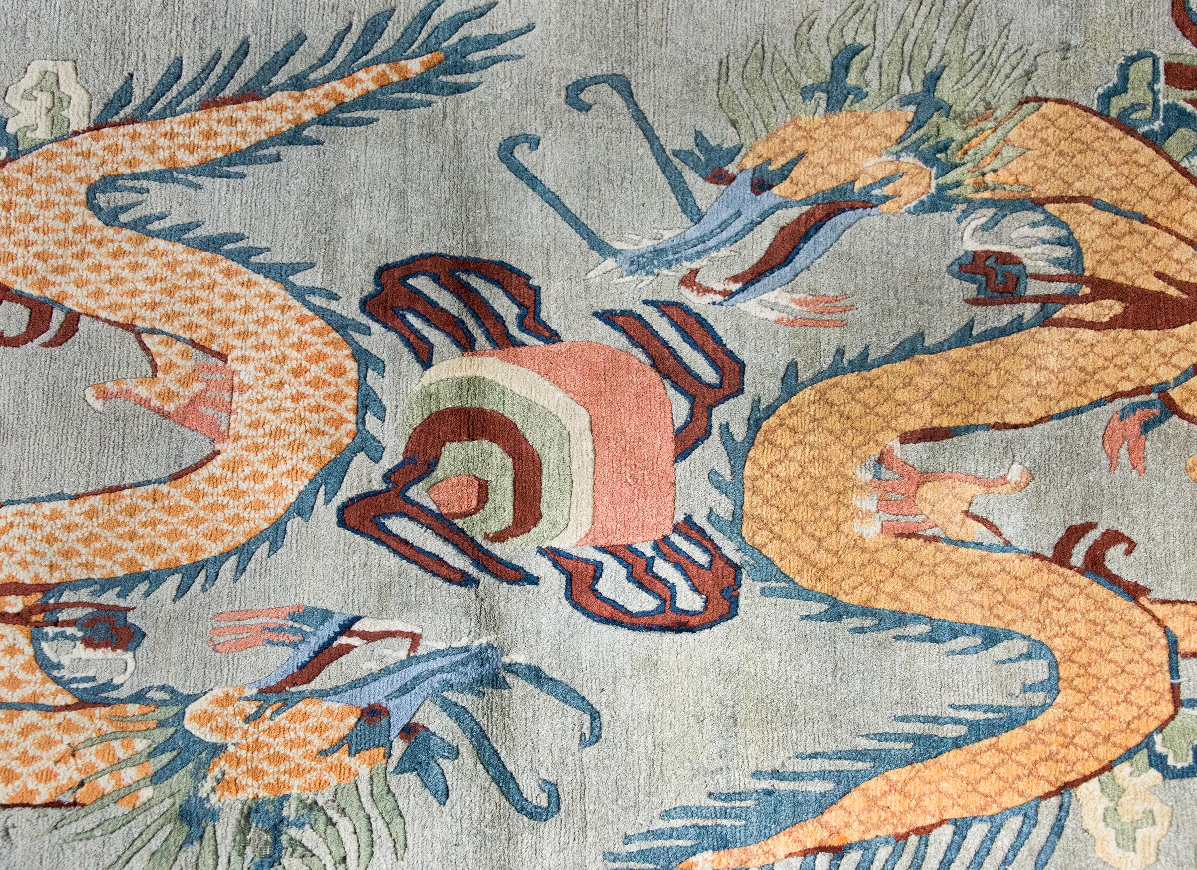Hand-Knotted Vintage Tibetan Double-Dragon Rug For Sale