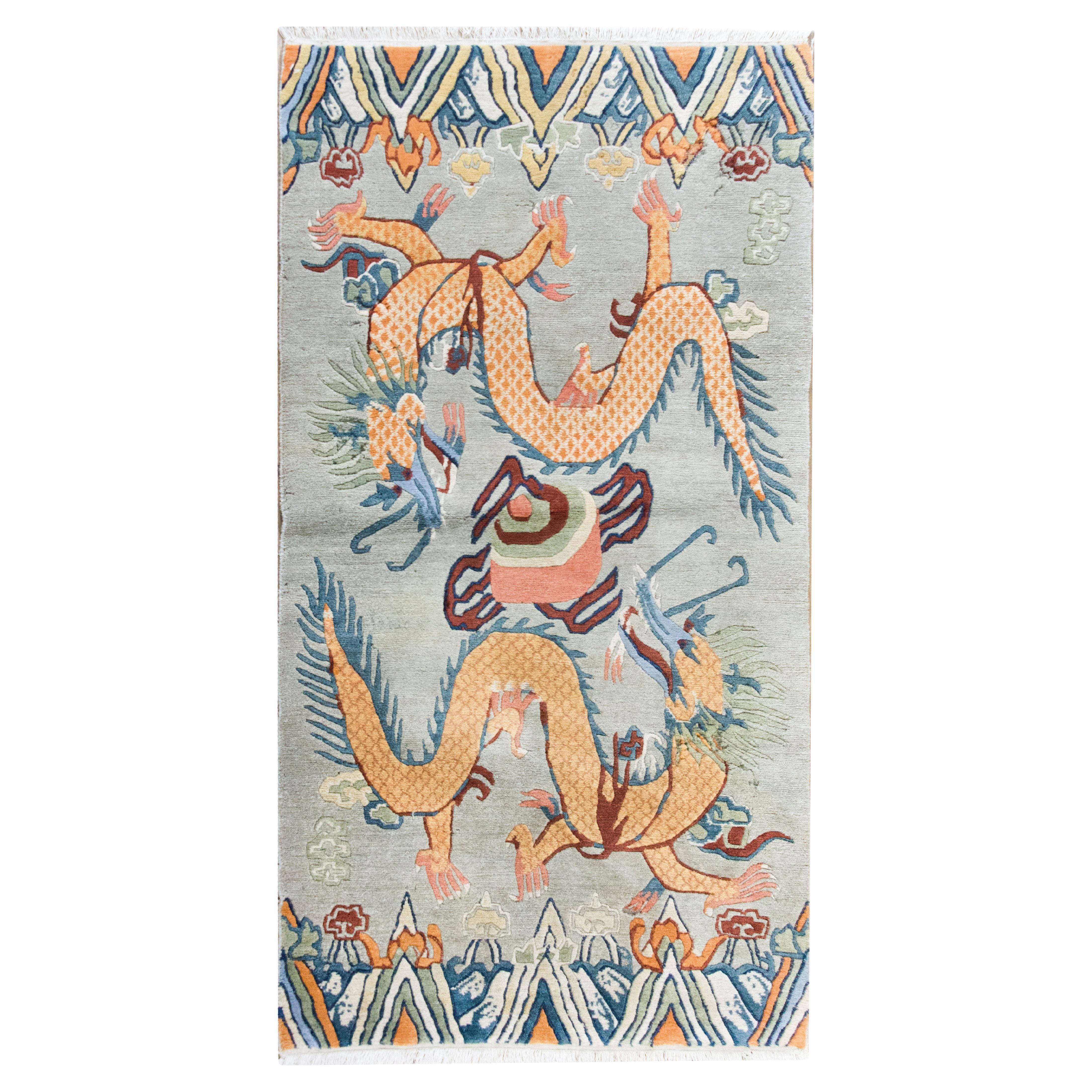 Vintage Tibetan Double-Dragon Rug For Sale