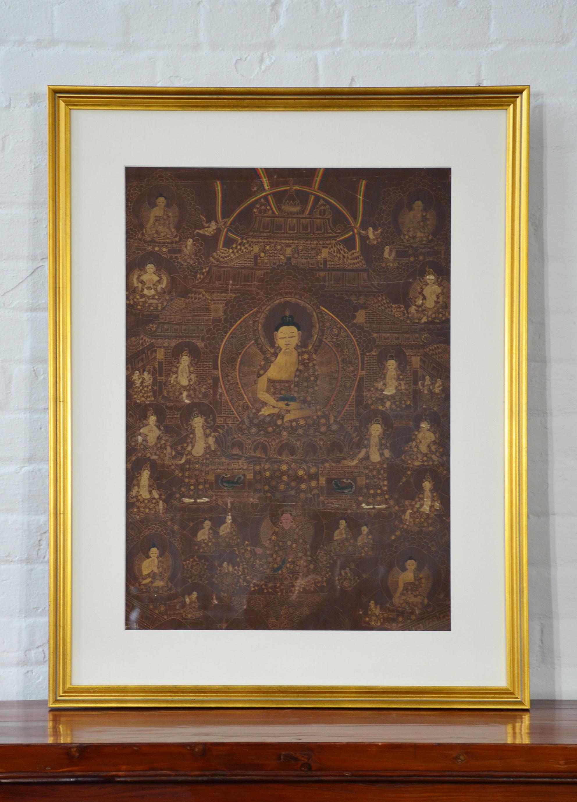 Vintage Tibetan Hand-Painted Thangka Painting Depicting Buddhist Deities In Good Condition In Yonkers, NY