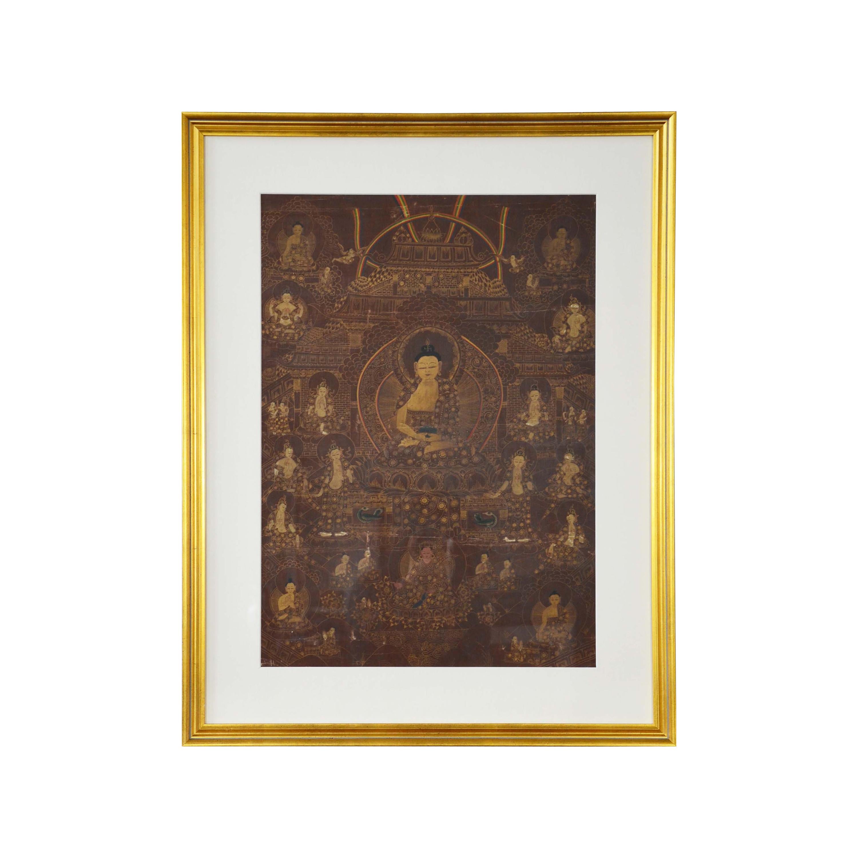 Vintage Tibetan Hand-Painted Thangka Painting Depicting Buddhist Deities