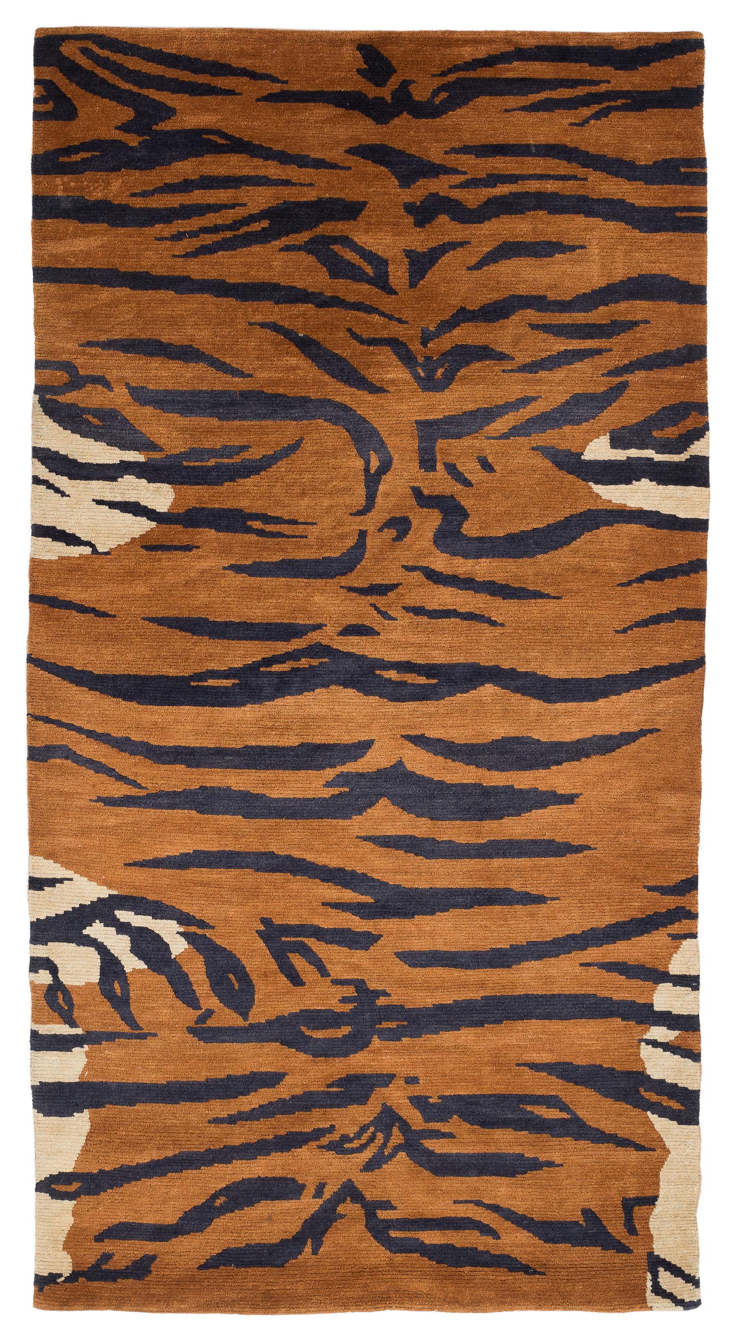 Tappeto vintage tibetano Khaden Tiger Animal Print con accenti di lana marrone fatto a mano in vendita 5