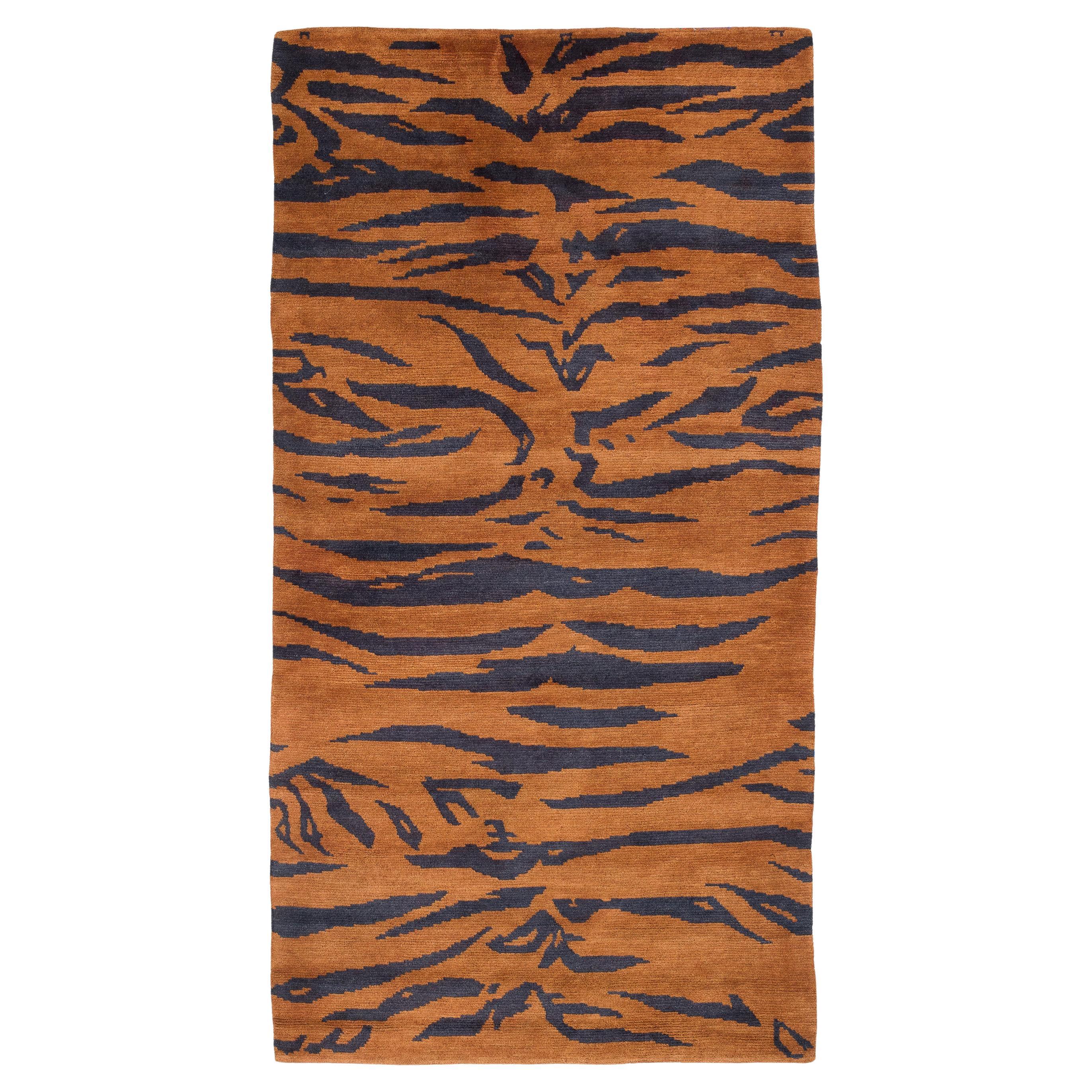 Vintage Tibetan Khaden Tiger Animal Print Accent Handmade Wool Brown Rug