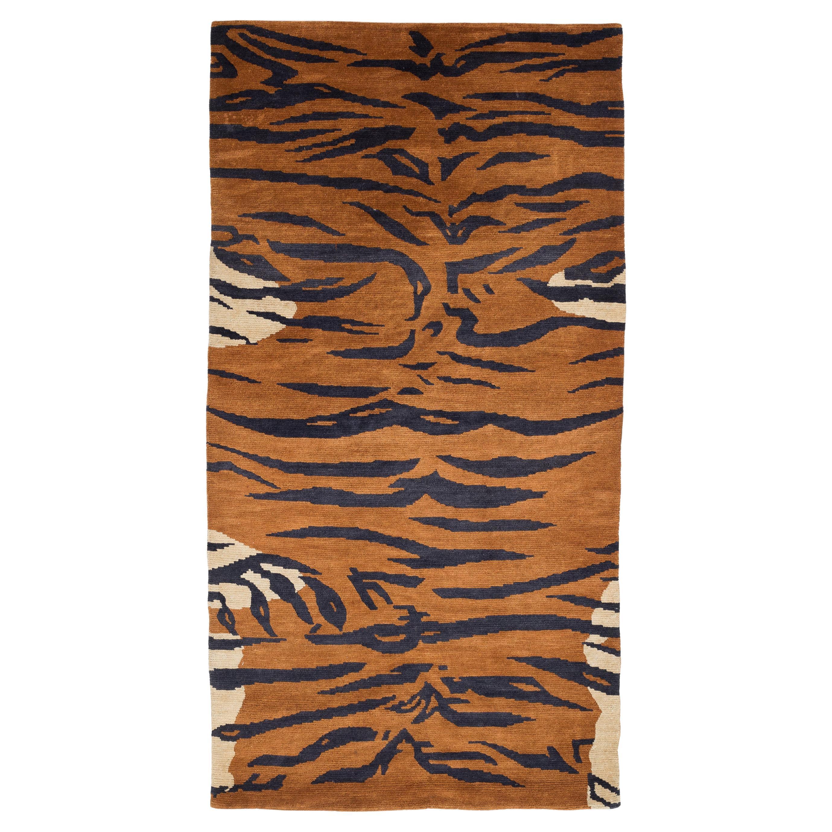 Vintage Tibetan Khaden Tiger Animal Print Accent Handmade Wool Brown Rug