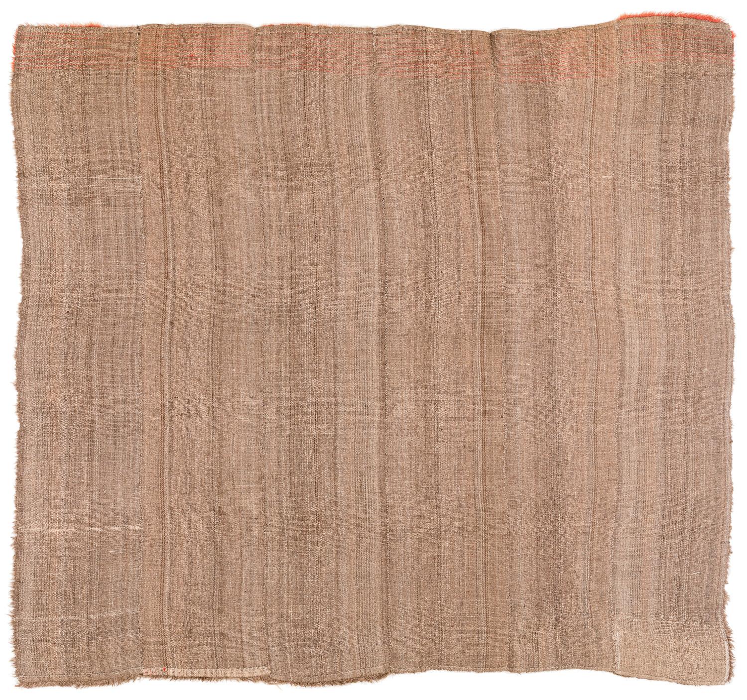 Couverture ou tapis tibétain vintage en laine Brown avec panneau d'extrémité rouge 6'8