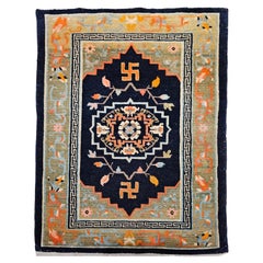 Antiker tibetischer Medaillon-Teppich, Wolle auf Baumwolle, schwarz und grün, um 1900, 2' x 3'