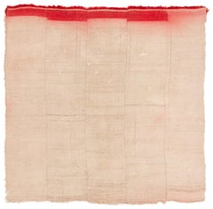 Vintage Tibetan Natural White Wool Blanket or Rug with Red End Panel 5'8" x 5'8"