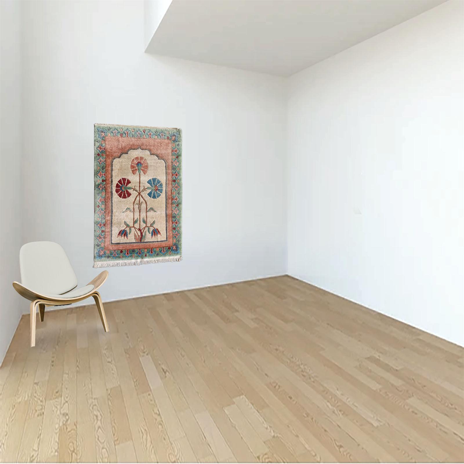 A gorgeous and very rare Nepal / Tibet floral design rug, highly stylized patterns, and a tastefully orchestrated color scheme. 
Qanat / Kanaat design, this rug features an oversized center medallion with a central floral bouquet, 3 large poppy