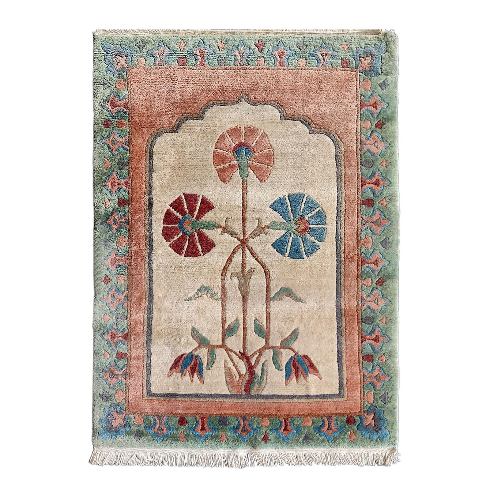 Vintage Tibetan Nepal Floral Hand Woven Wool Rug Carpet, Qanat Kanaat Design For Sale