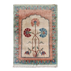 Vintage Tibetan Nepal Floral Hand Woven Wool Rug Carpet, Qanat Kanaat Design