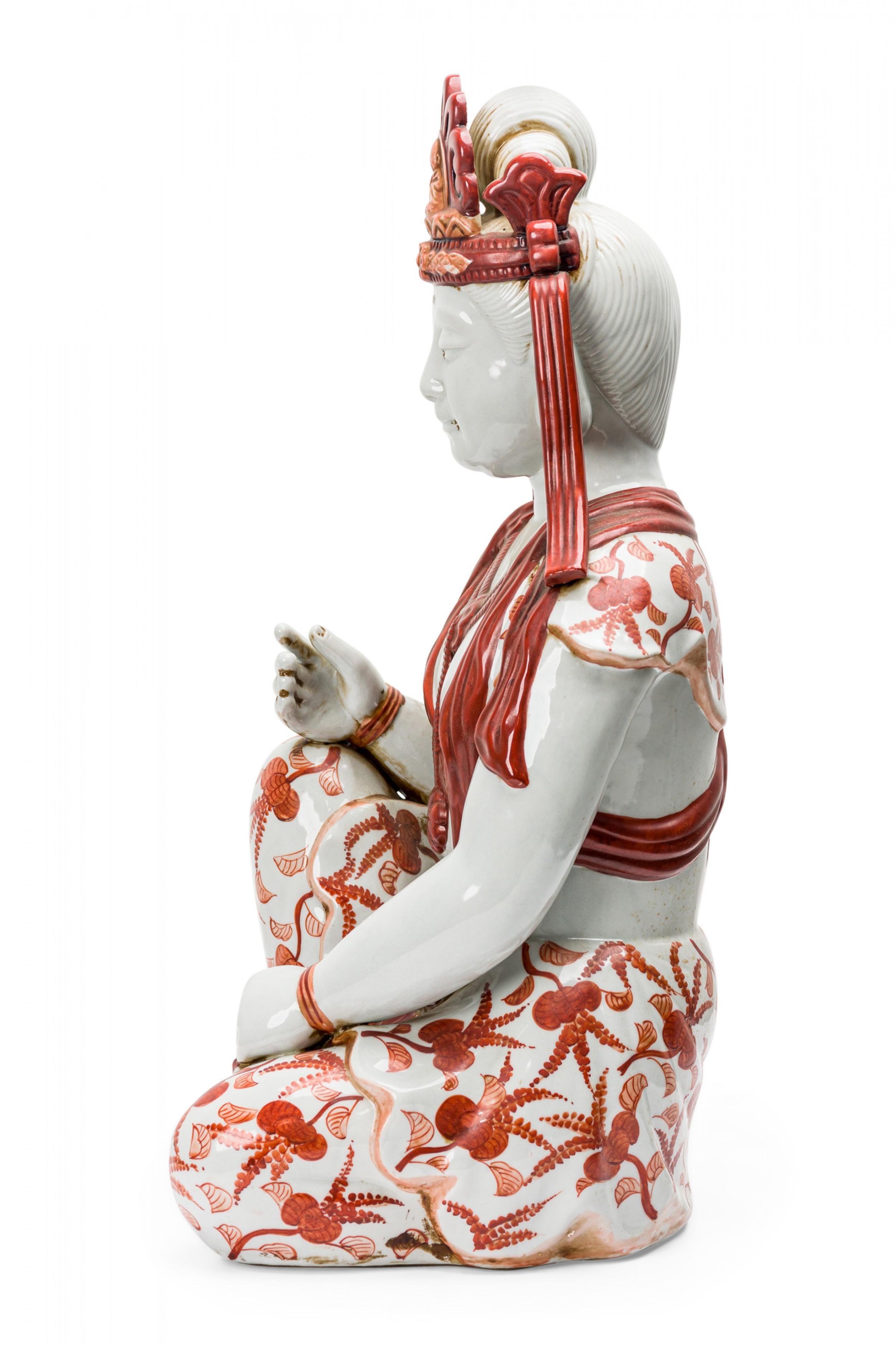Vintage Tibetan Orange and White Porcelain Buddha Statue In Fair Condition For Sale In New York, NY