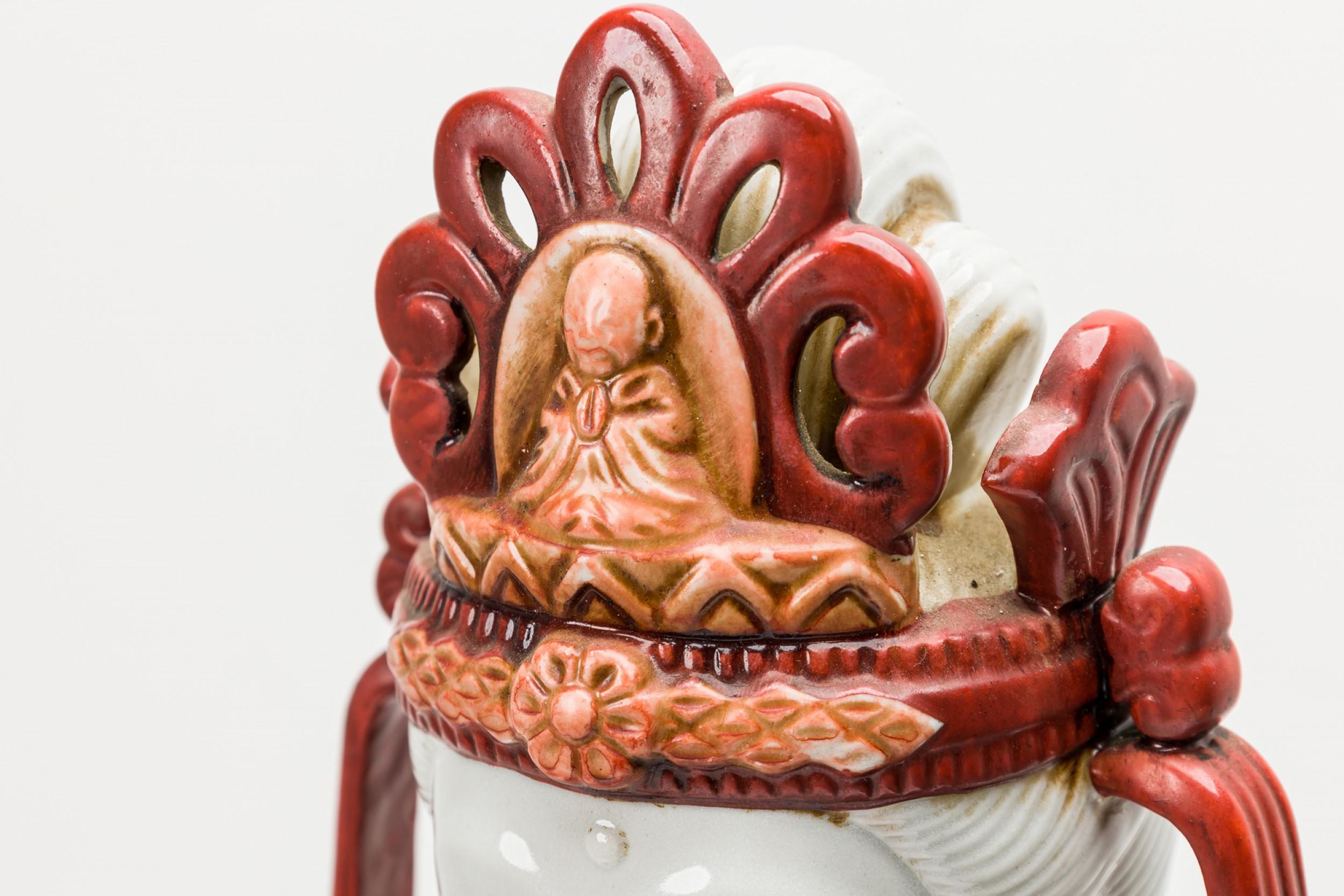 Vintage Tibetan Orange and White Porcelain Buddha Statue For Sale 2