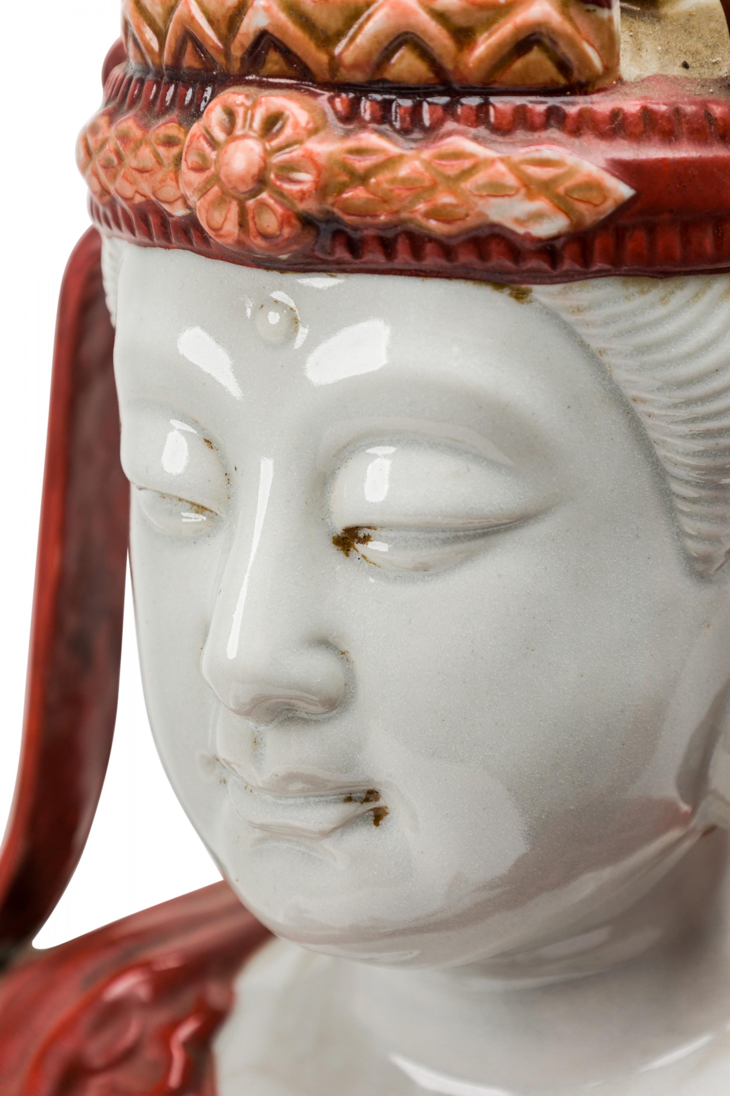 Vintage Tibetan Orange and White Porcelain Buddha Statue For Sale 3