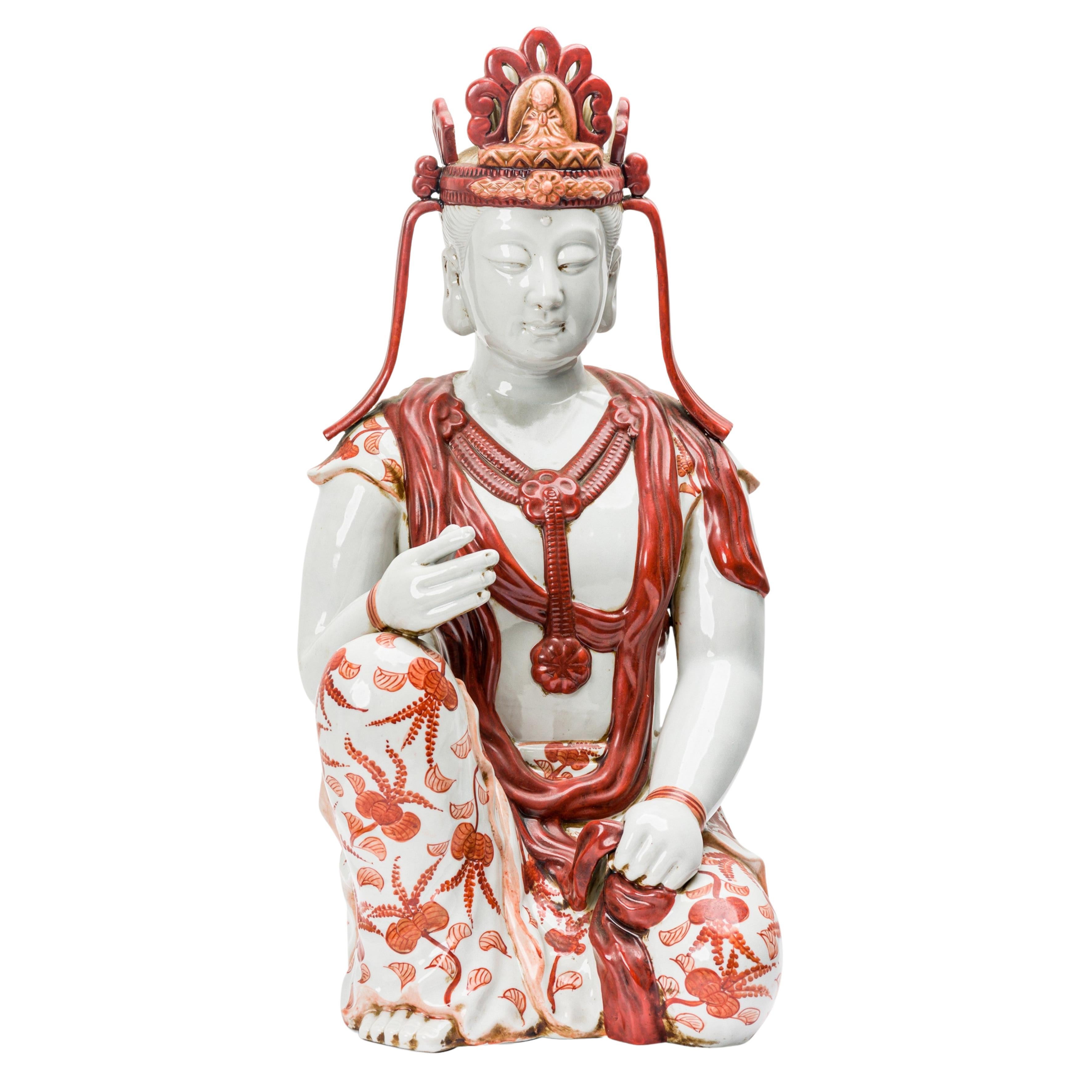 Vintage Tibetan Orange and White Porcelain Buddha Statue