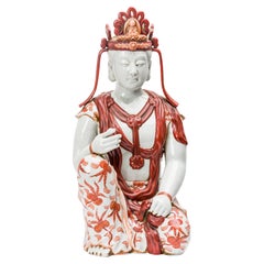 Statue de Bouddha tibétaine vintage en porcelaine orange et blanche