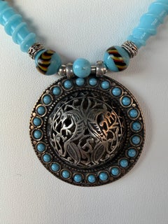 Vintage Tibetan Pendant Venetian glass MOP Czech glass OOAK necklace.