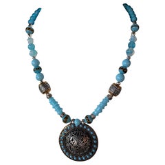 Vintage Tibetan Pendant Venetian glass MOP Czech glass OOAK necklace.