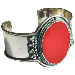 Vintage Tibetan Revival Red Stone Silver Bracelet