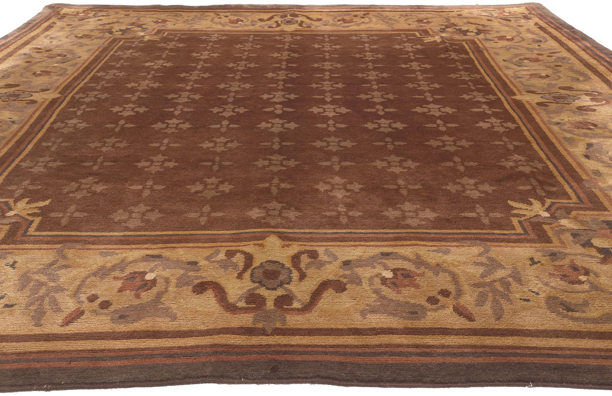 Hand-Knotted Vintage Tibetan Rug, Aubusson Style Meets Earth-Tone Elegance  For Sale