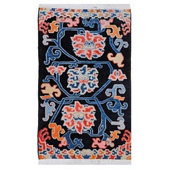 Vintage Tibetan Rug, Hand-Knotted Wool, Lotus Flowers, 1890s