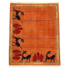 Vintage Tibetan Rug in Orange with Black Cats, Contemporary Rug from Tibet