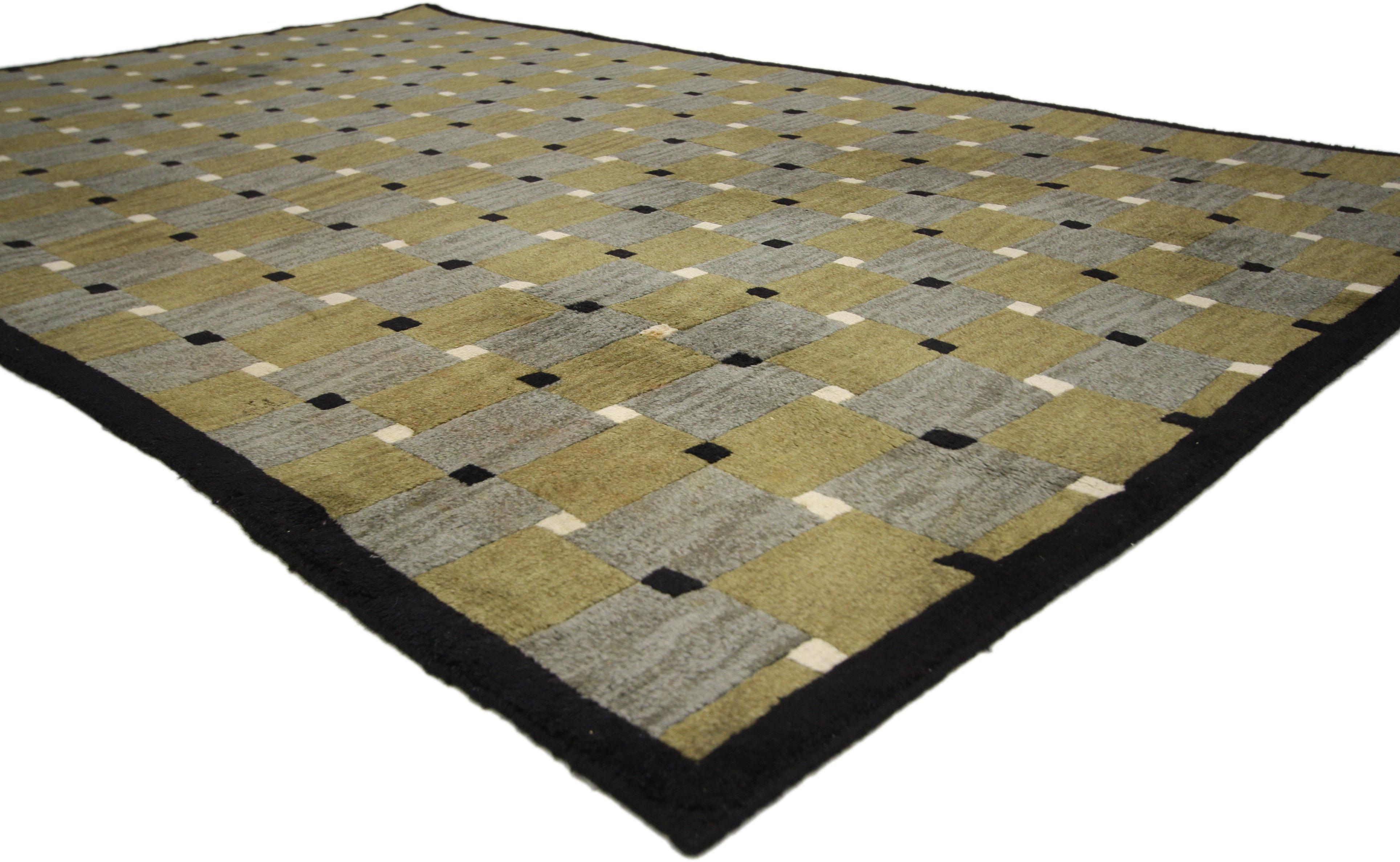 74843, vintage Tibetan rug with checkered square pattern and modern style. This vintage Tibetan rug with checkered square pattern and modern style features alternating large-scale squares connected by small-scale squares. A thin black border frames