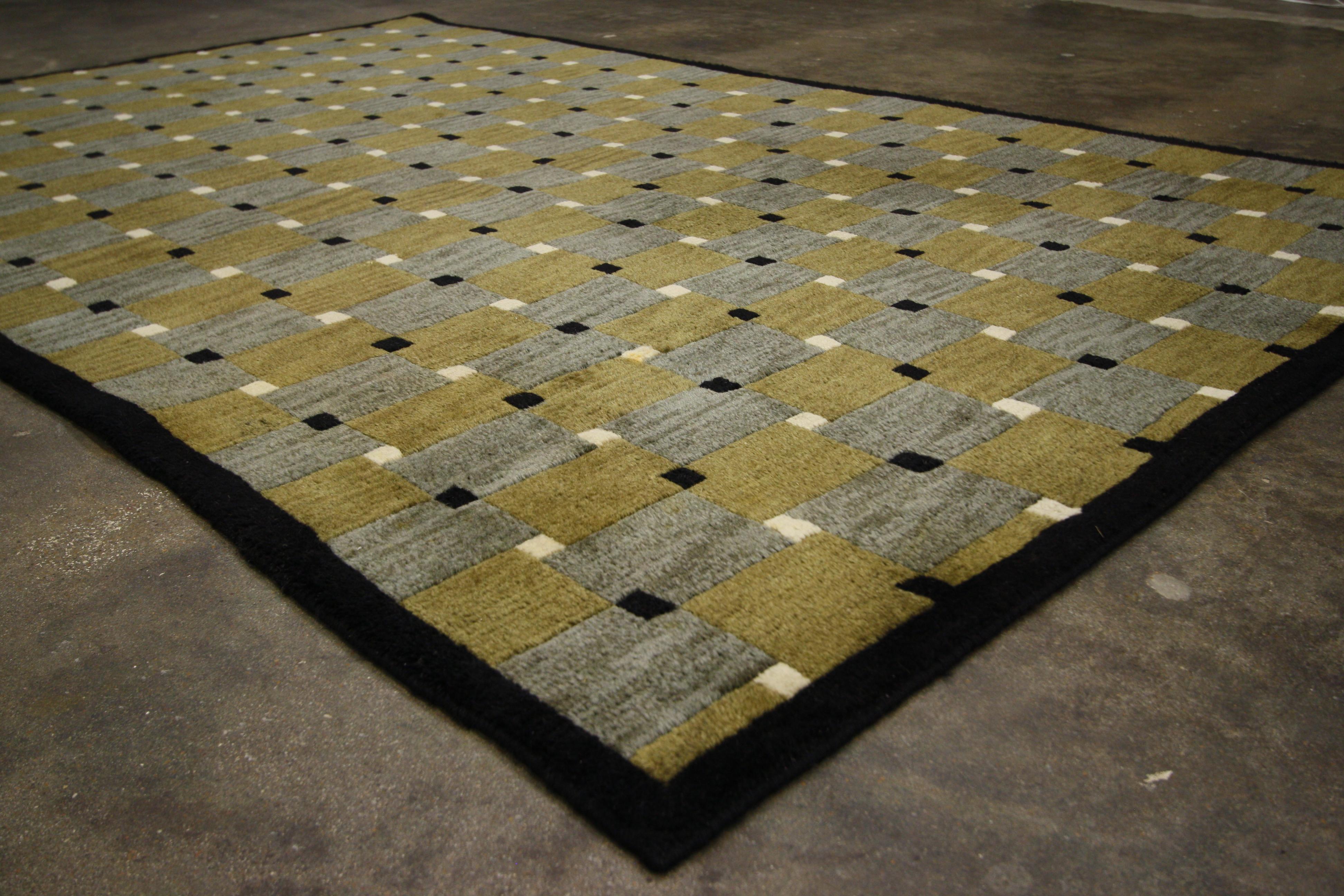 Wool Vintage Tibetan Rug with Checkered Square Pattern and Modern Style For Sale