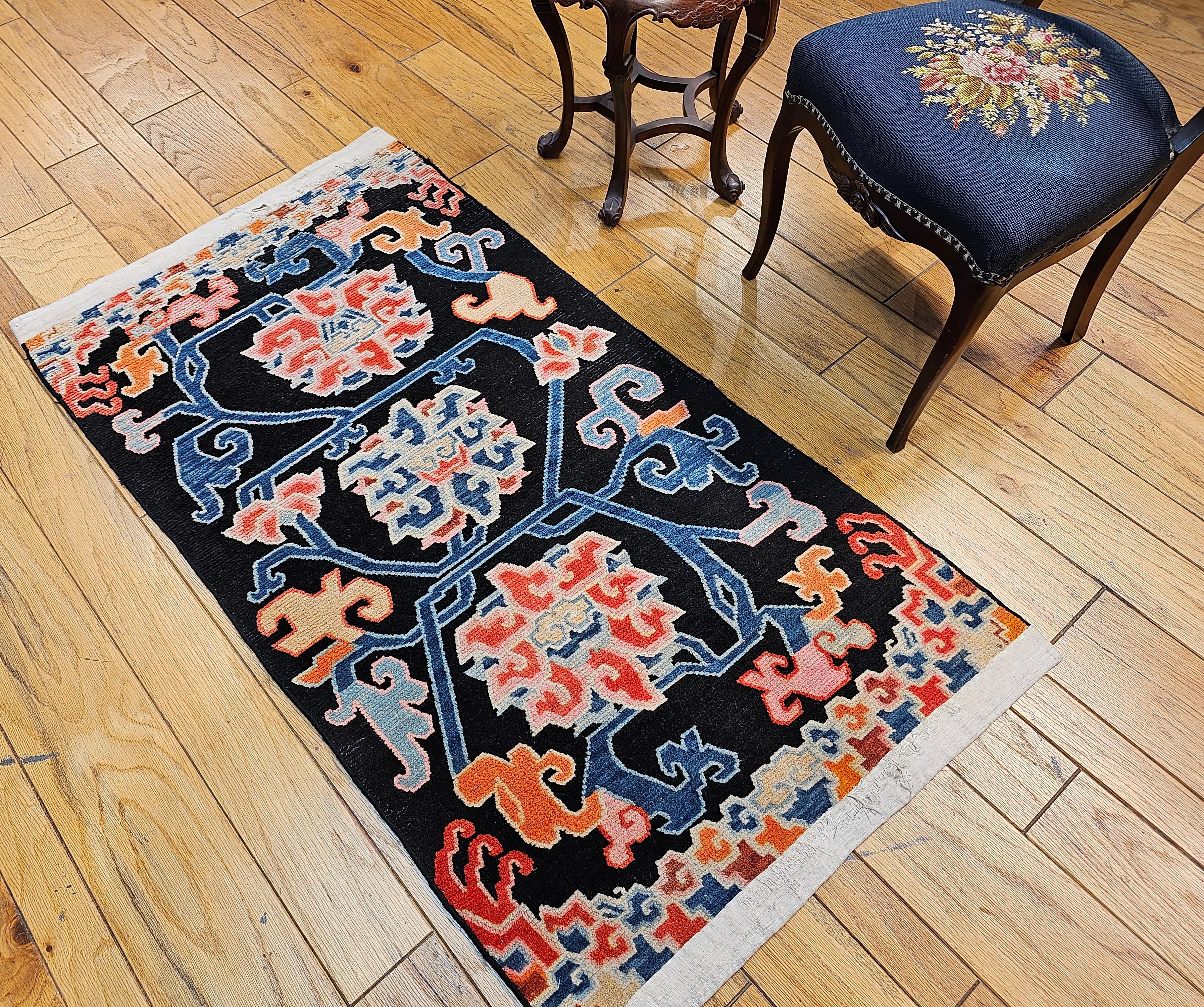 Vintage Tibetan Rug with Lotus Flowers and Cloud Symbols in French Blue and Red For Sale 8