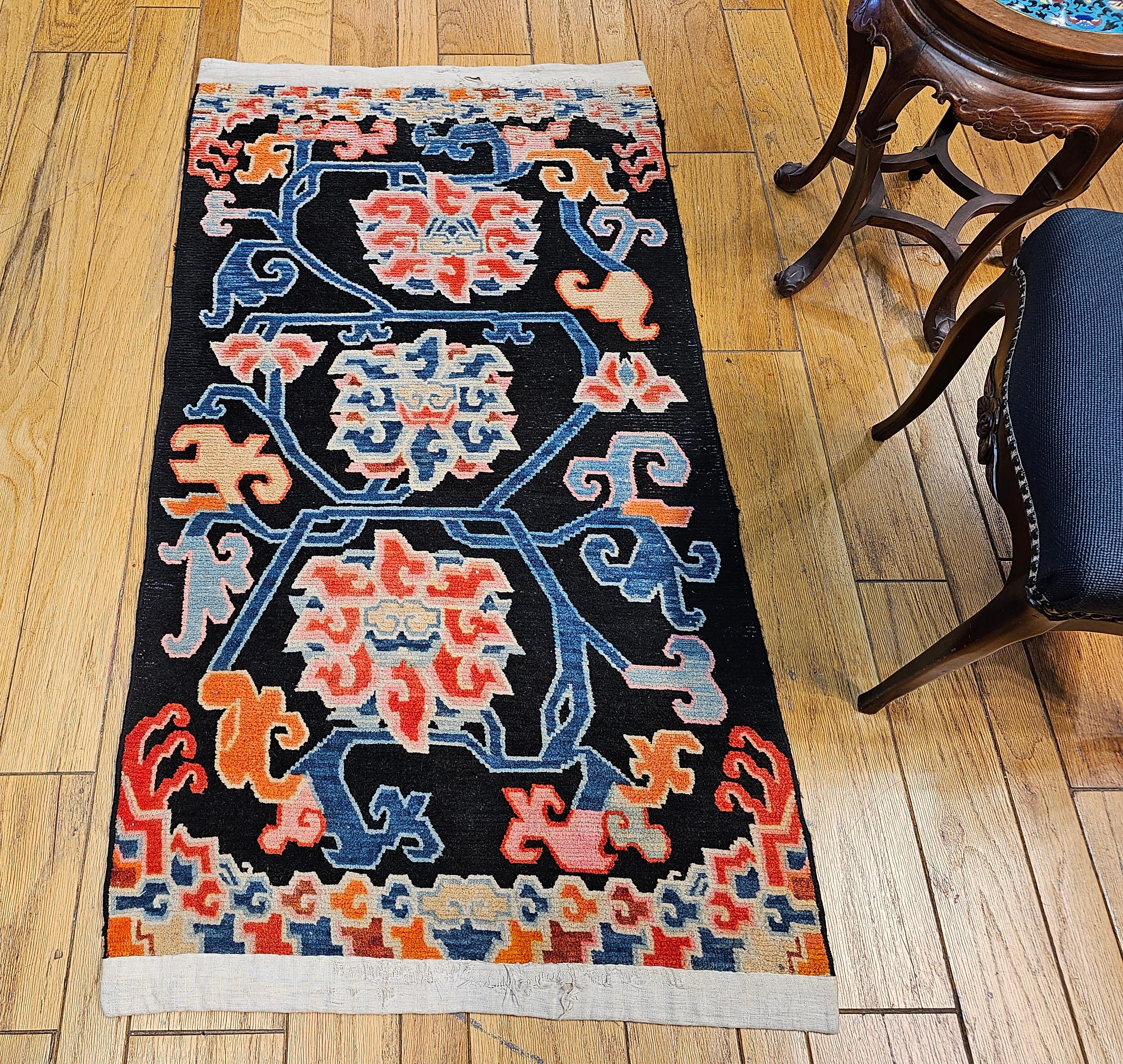 Vintage Tibetan Rug with Lotus Flowers and Cloud Symbols in French Blue and Red For Sale 7