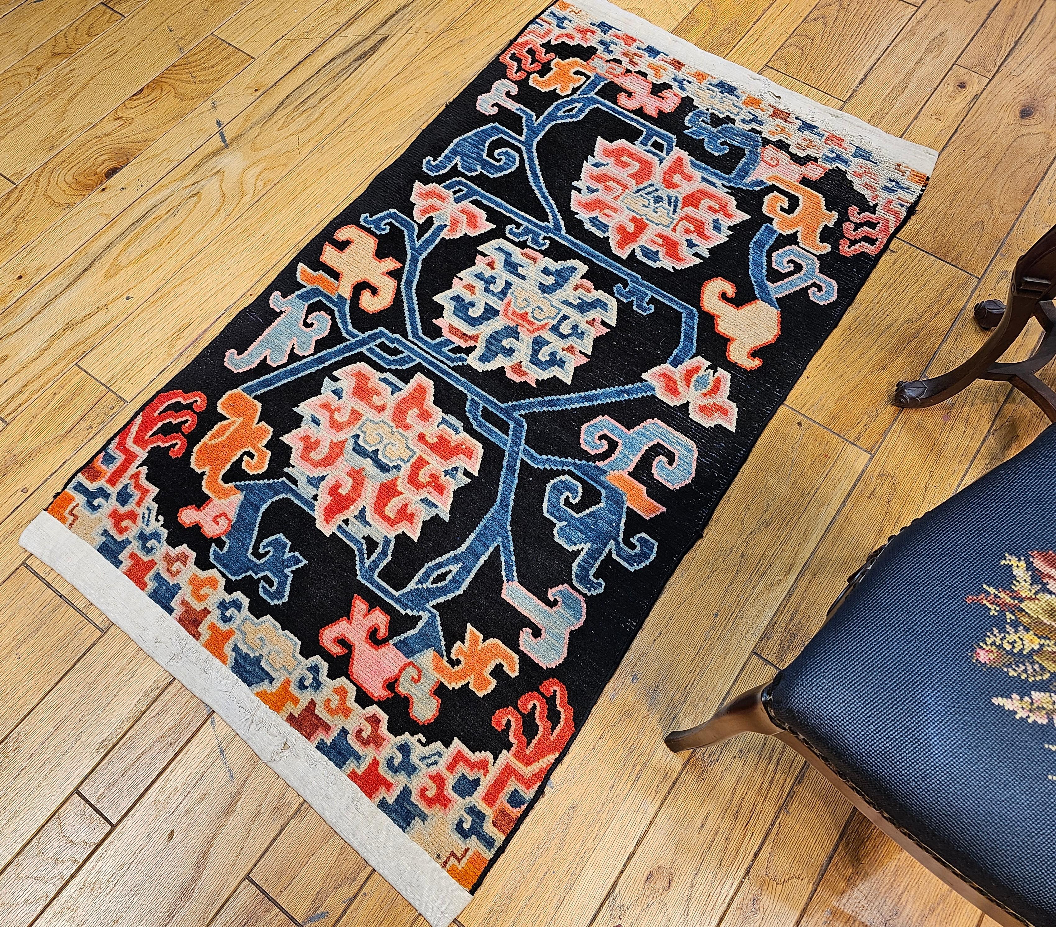 Vintage Tibetan Rug with Lotus Flowers and Cloud Symbols in French Blue and Red For Sale 9