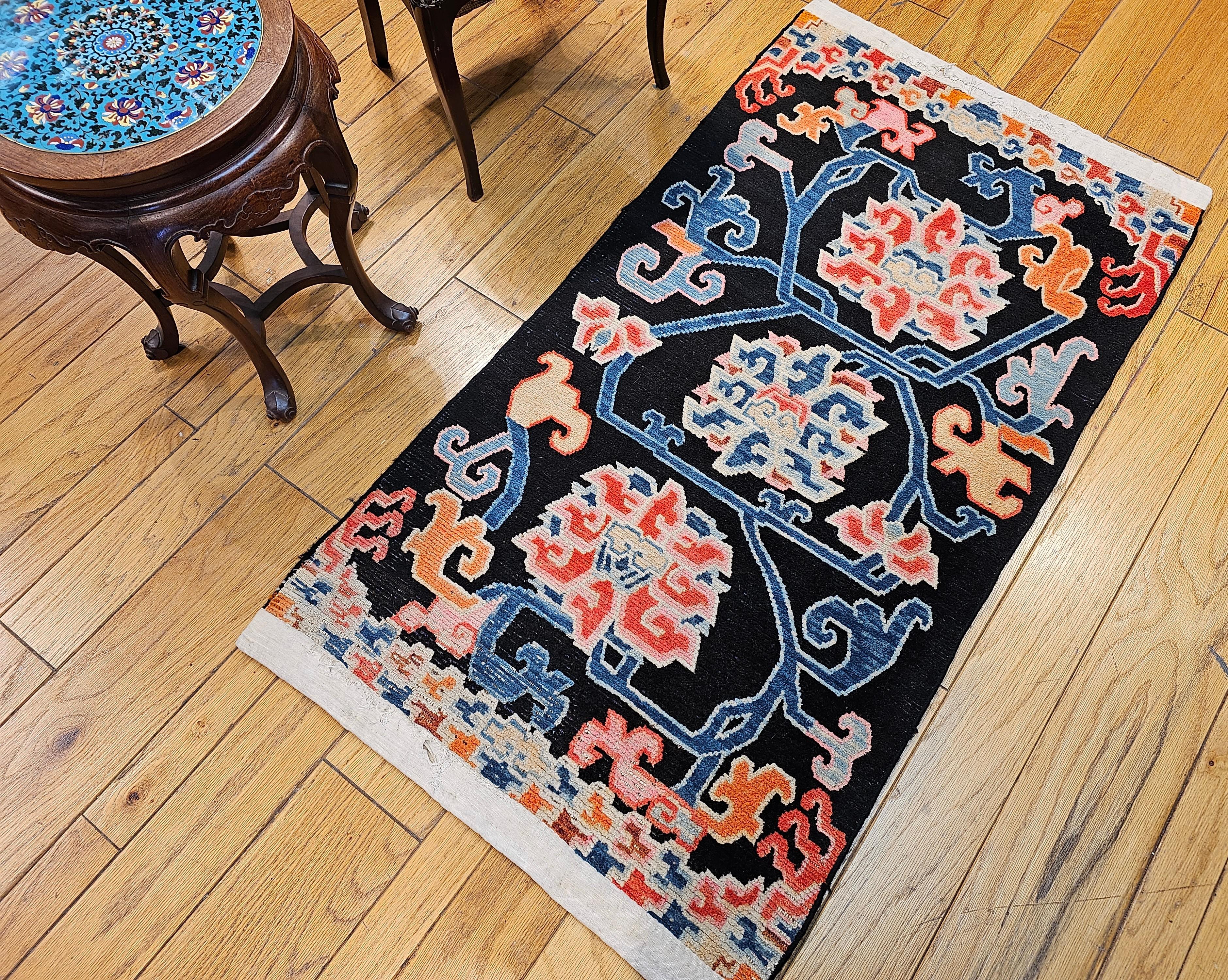 Vintage Tibetan Rug with Lotus Flowers and Cloud Symbols in French Blue and Red For Sale 11