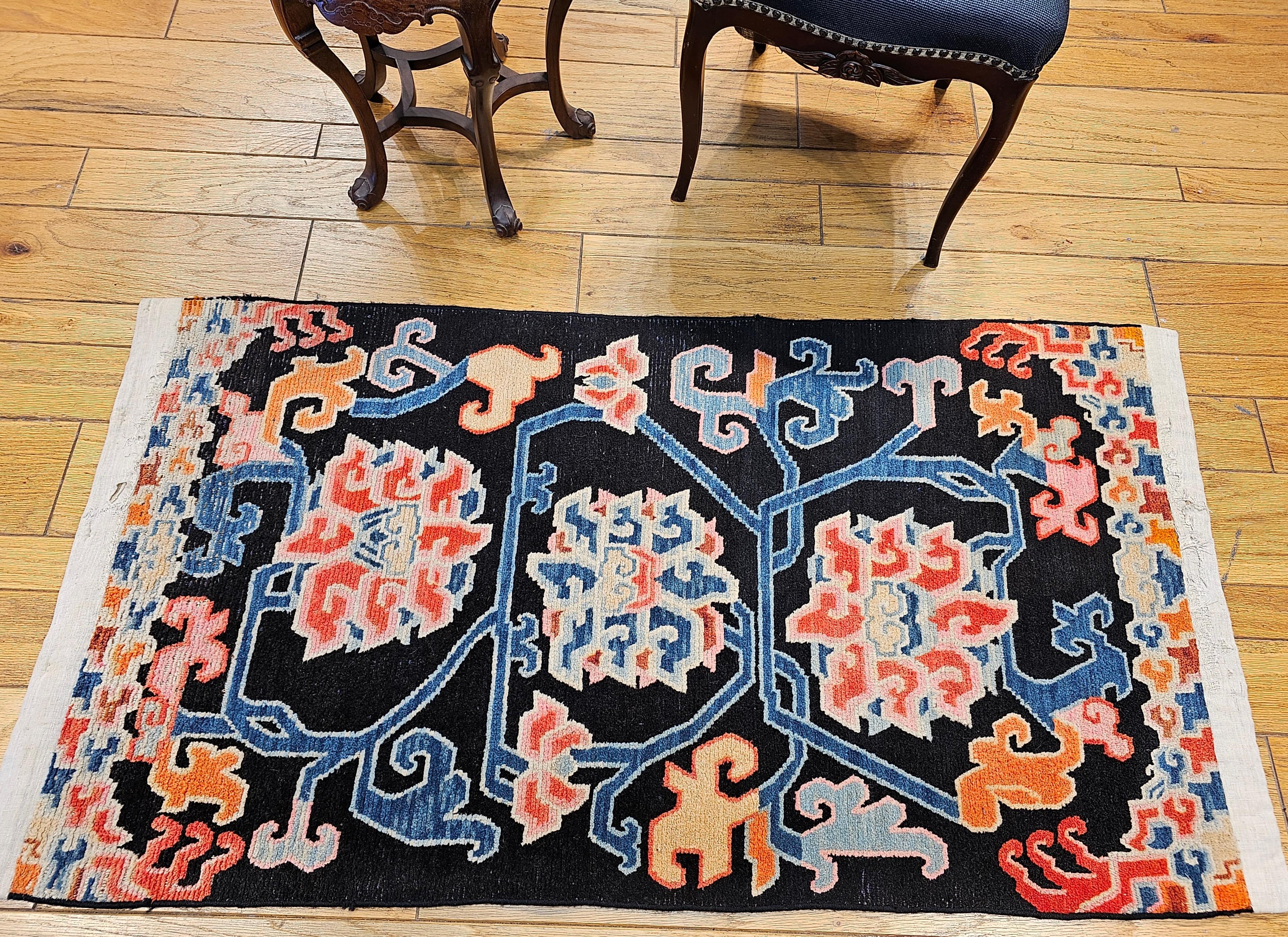 Vintage Tibetan Rug with Lotus Flowers and Cloud Symbols in French Blue and Red For Sale 12