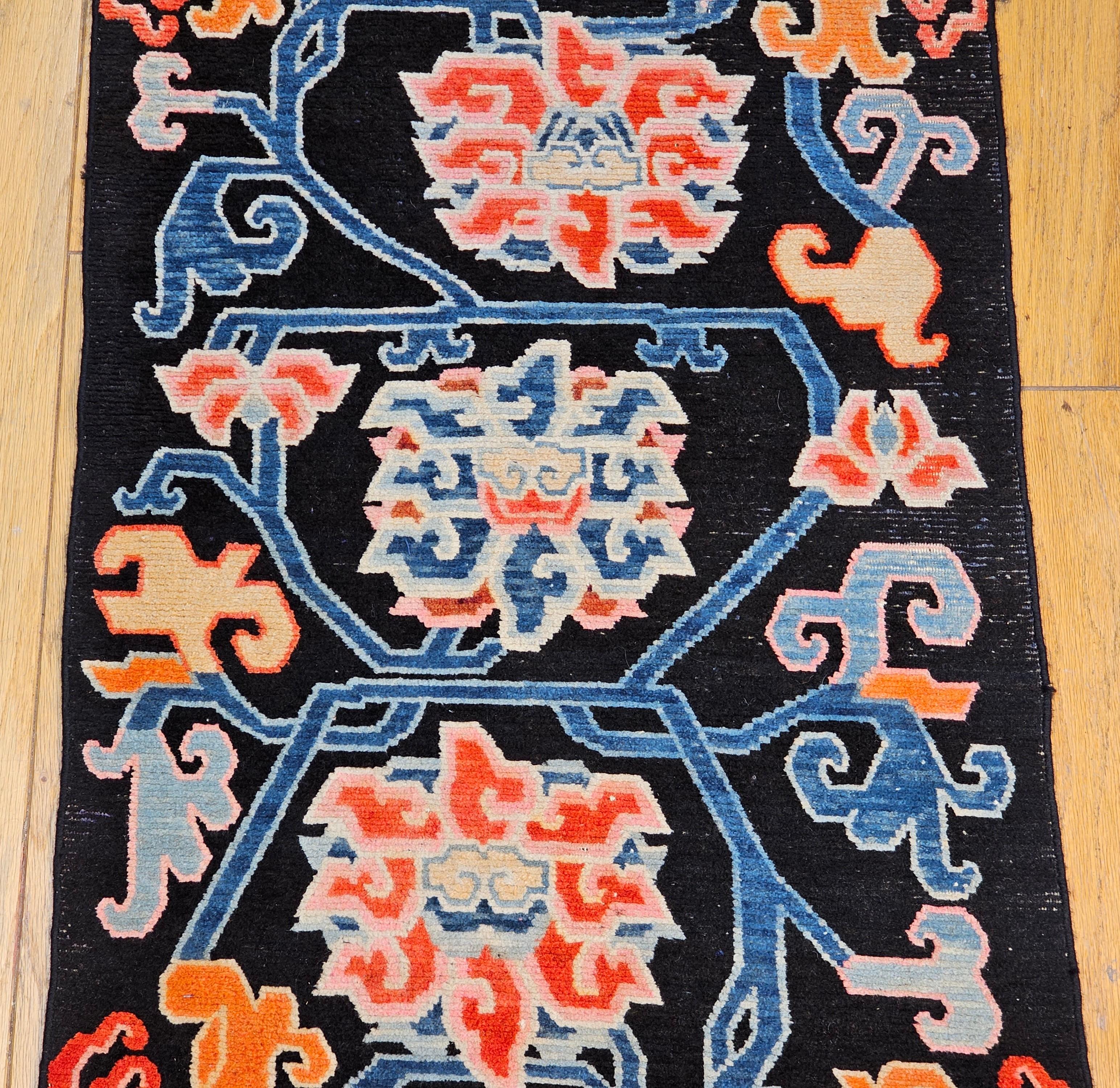 Vintage Tibetan Rug with Lotus Flowers and Cloud Symbols in French Blue and Red In Good Condition For Sale In Barrington, IL