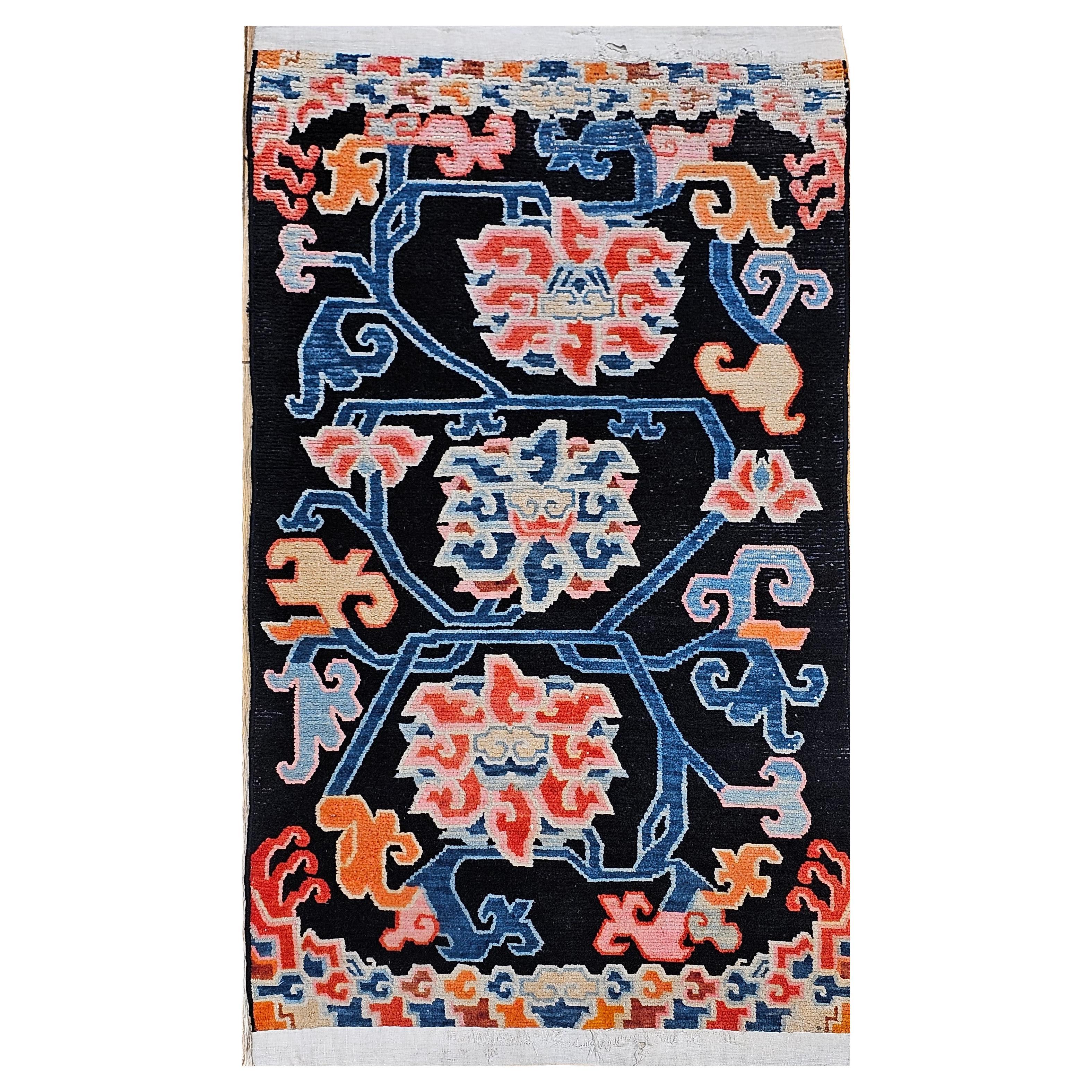 Vintage Tibetan Rug with Lotus Flowers and Cloud Symbols in French Blue and Red