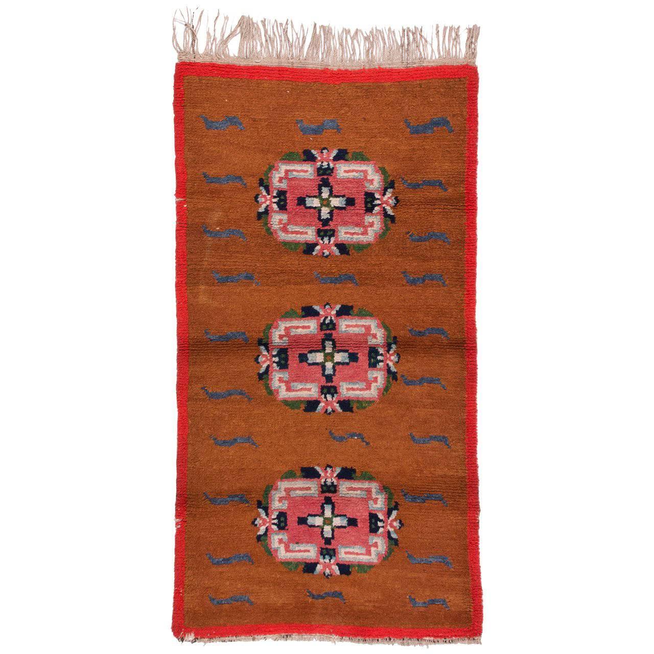 Antique Orange, Indigo, and Pink Tibetan Rug with Tiger Stripes 2.6x4.7 For Sale