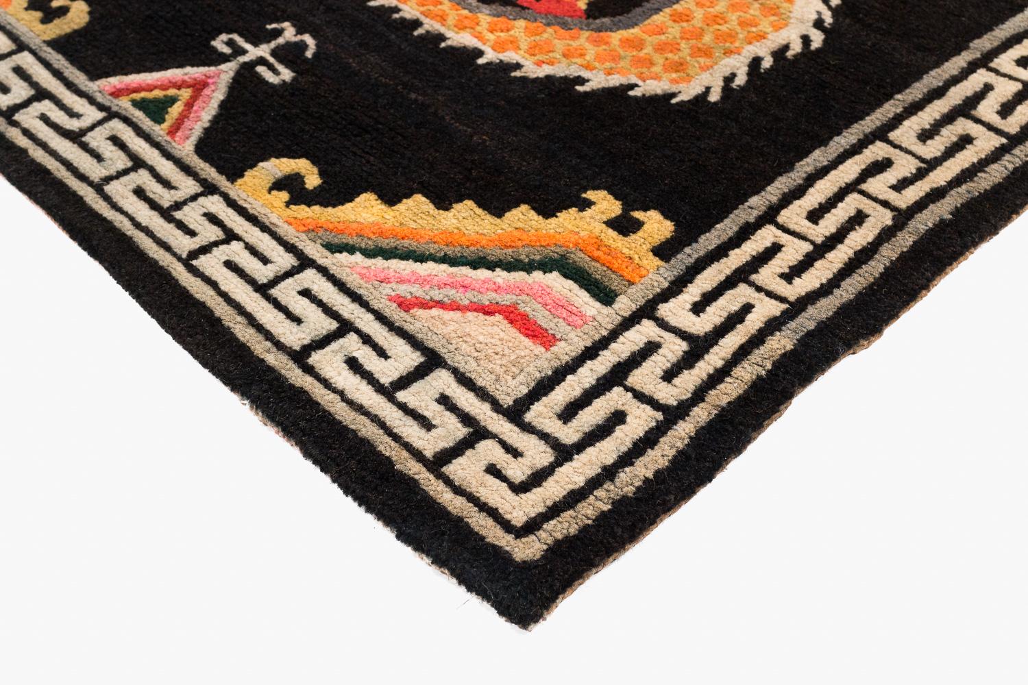 Hand-Woven Vintage Tibetan Rug with Two Dragons For Sale