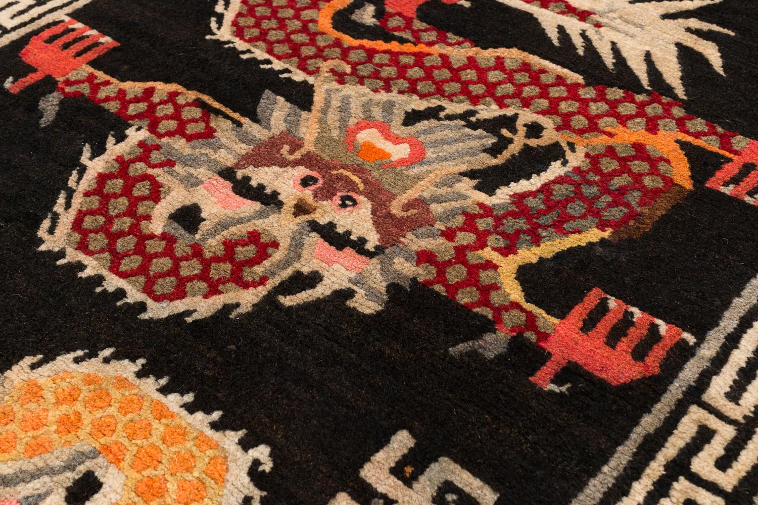 Wool Vintage Tibetan Rug with Two Dragons For Sale