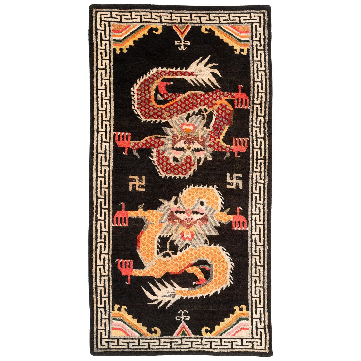 Vintage Tibetan Rug with Two Dragons For Sale