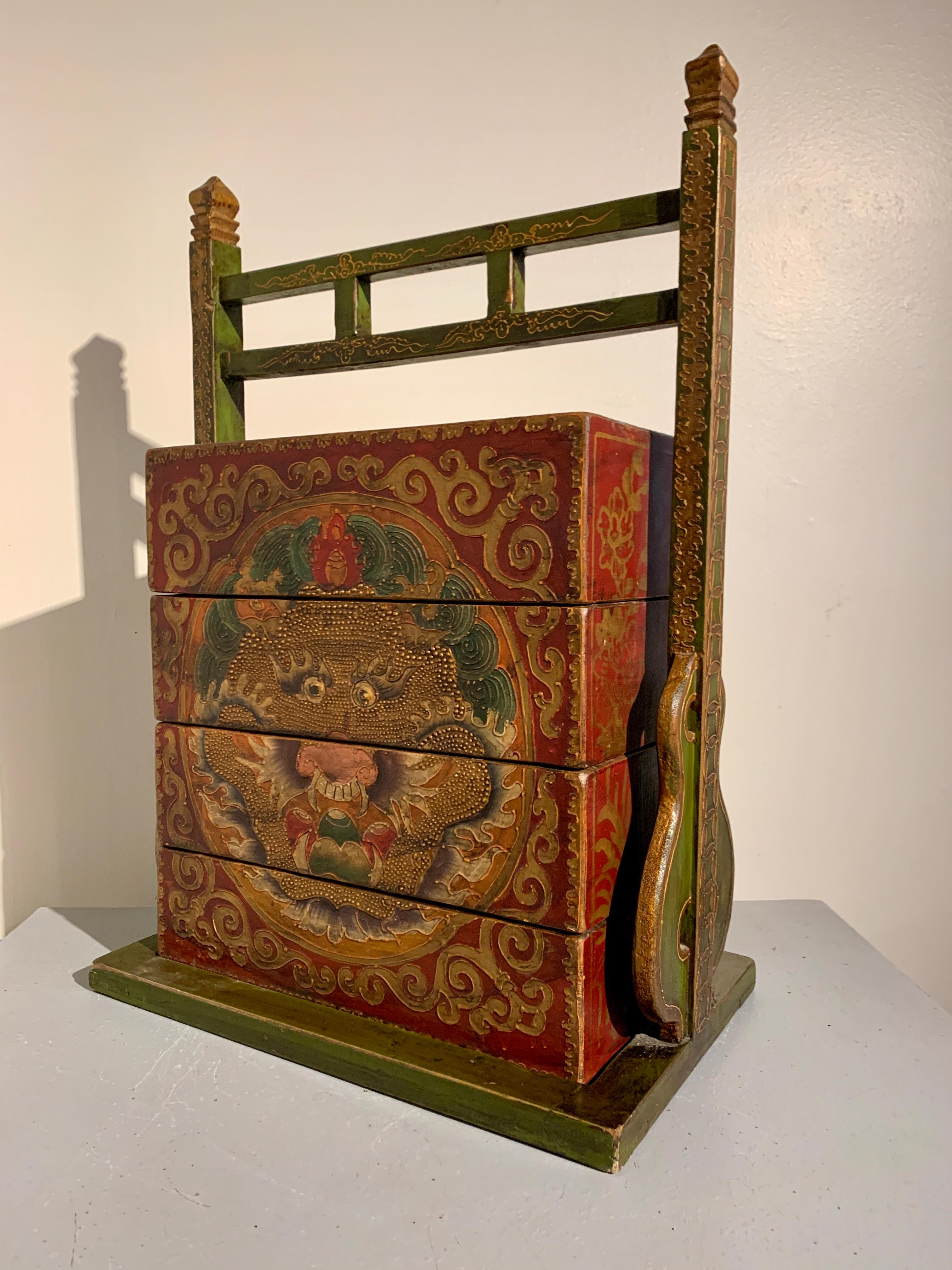 Chinese Vintage Tibetan Style Dragon Stacking Picnic Box, Painted Wood, 1990's, China For Sale